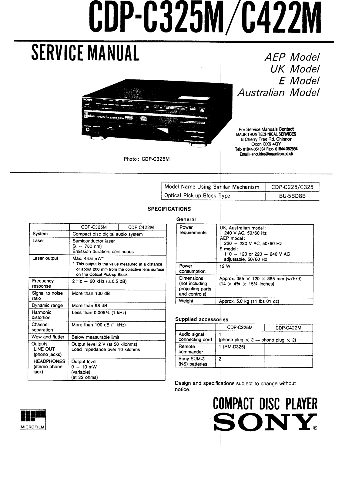Sony CDPC-325-M, CDPC-422-M Service manual