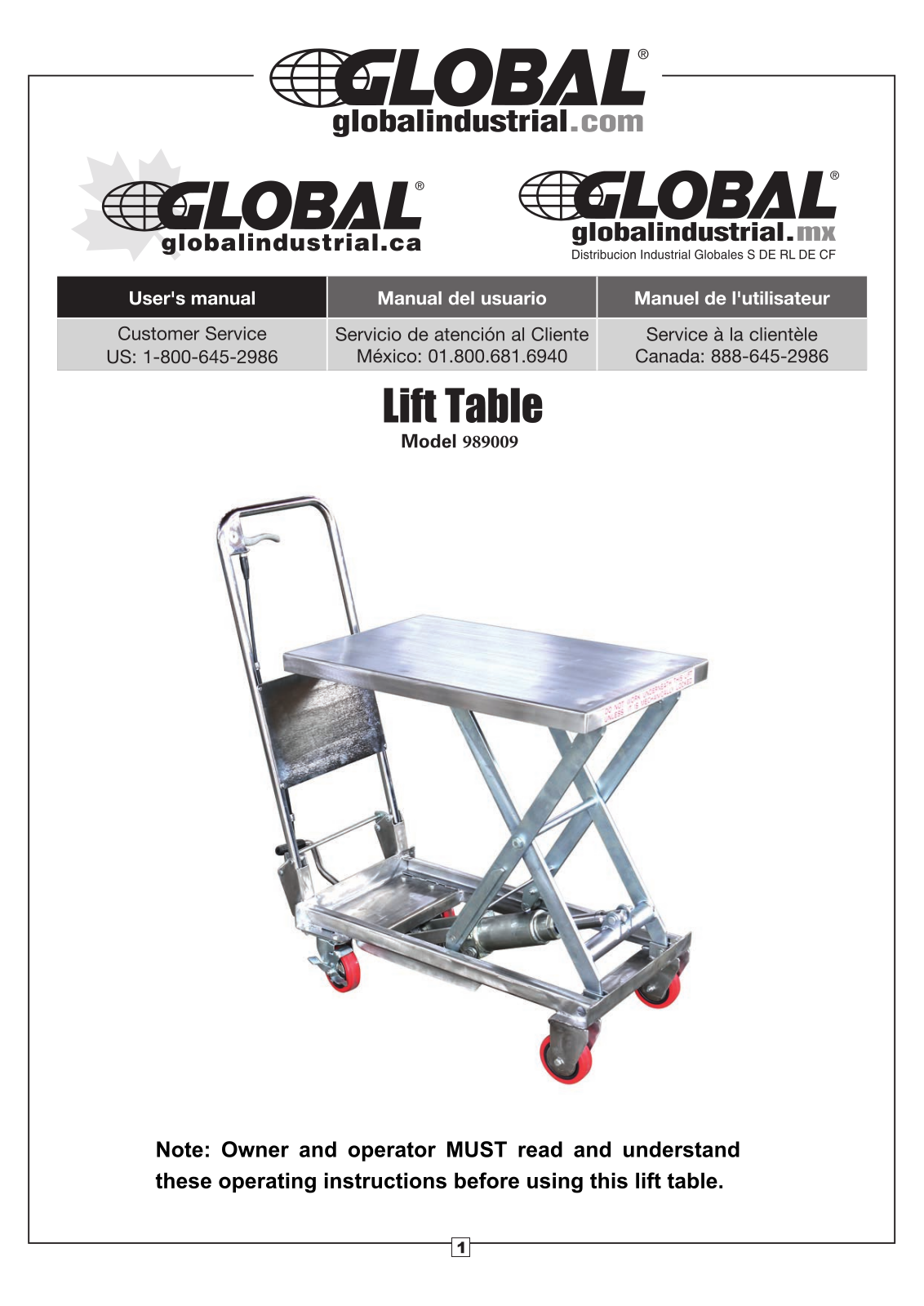 Global Industrial 989009 User Manual