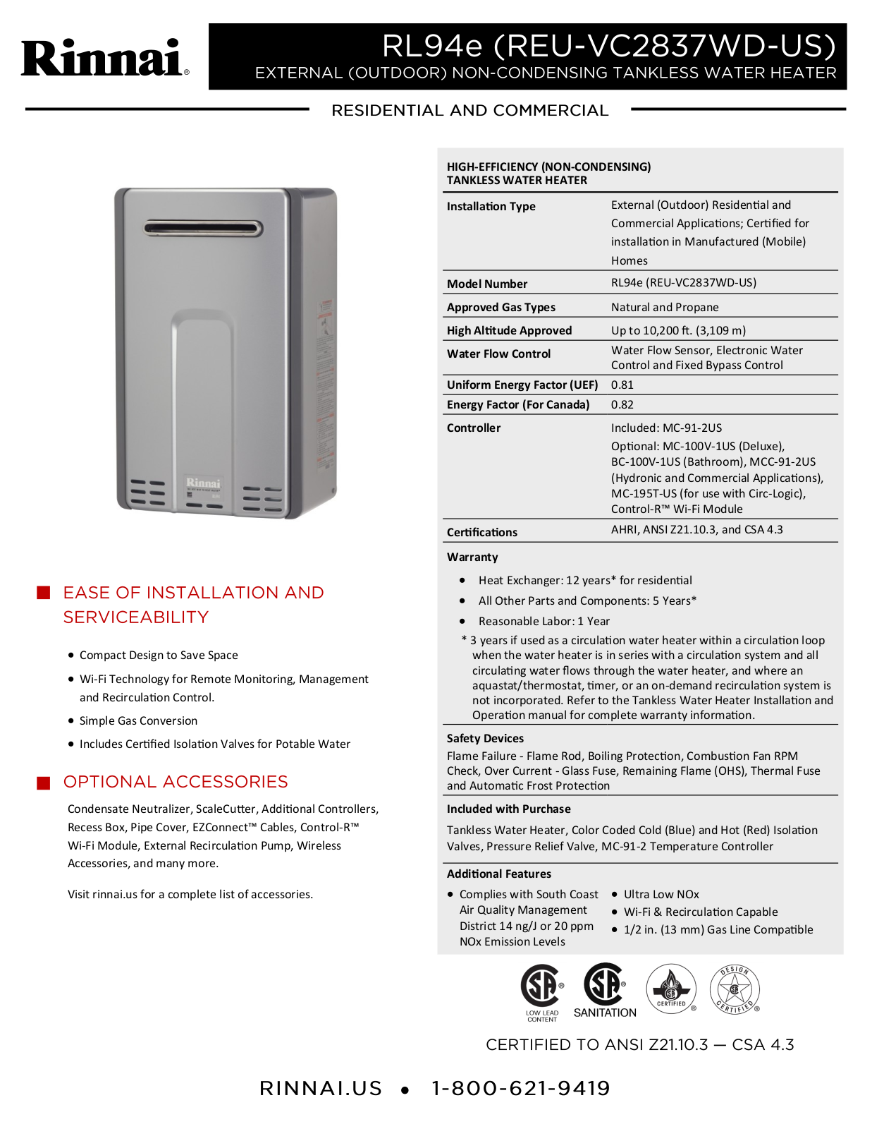 Rinnai Water Heater RL94eN Specifications