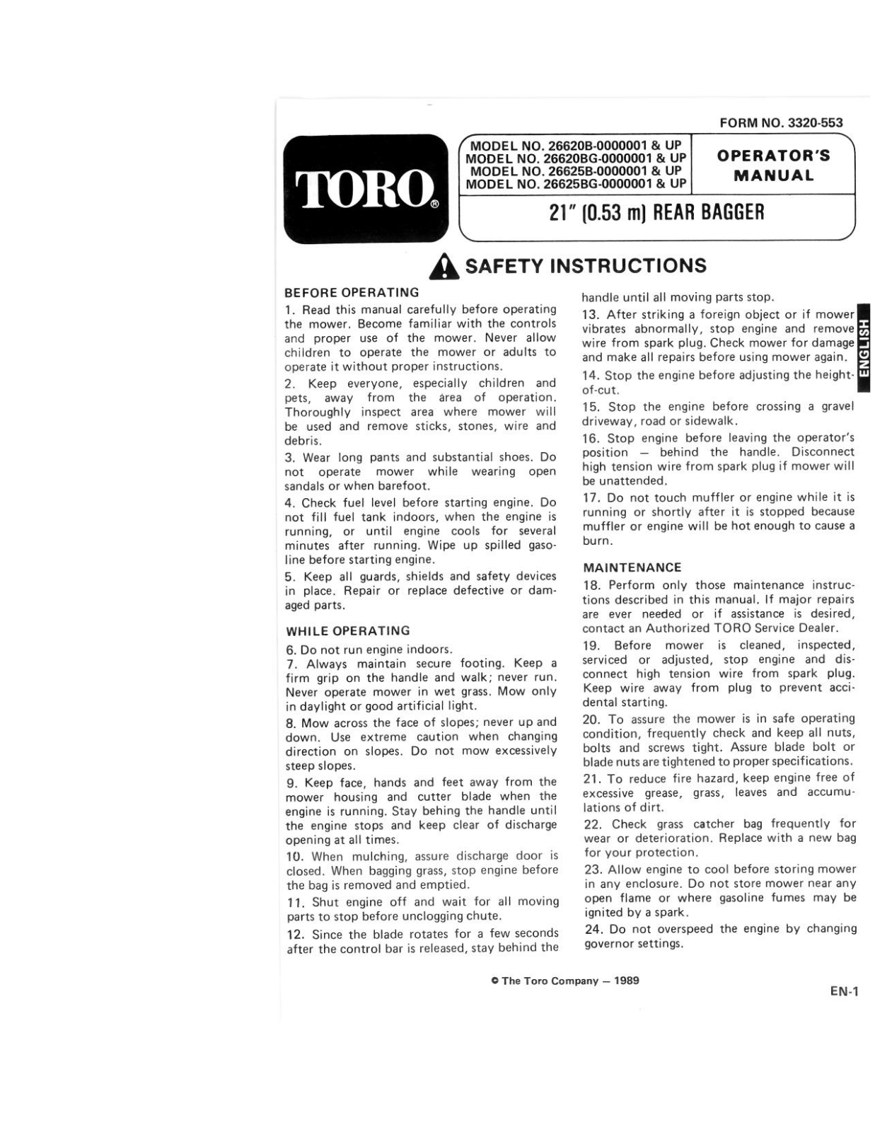 Toro 26620B, 26620BG, 26625B, 26625BG Operator's Manual