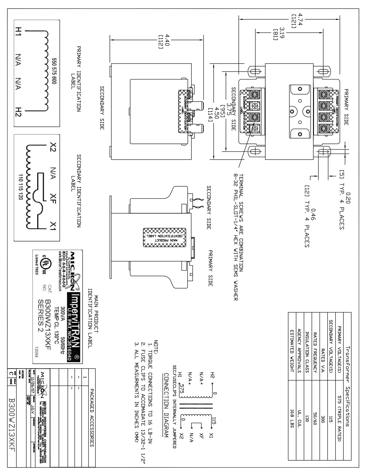 Micron Industries B300WZ13XKF Specification Sheet