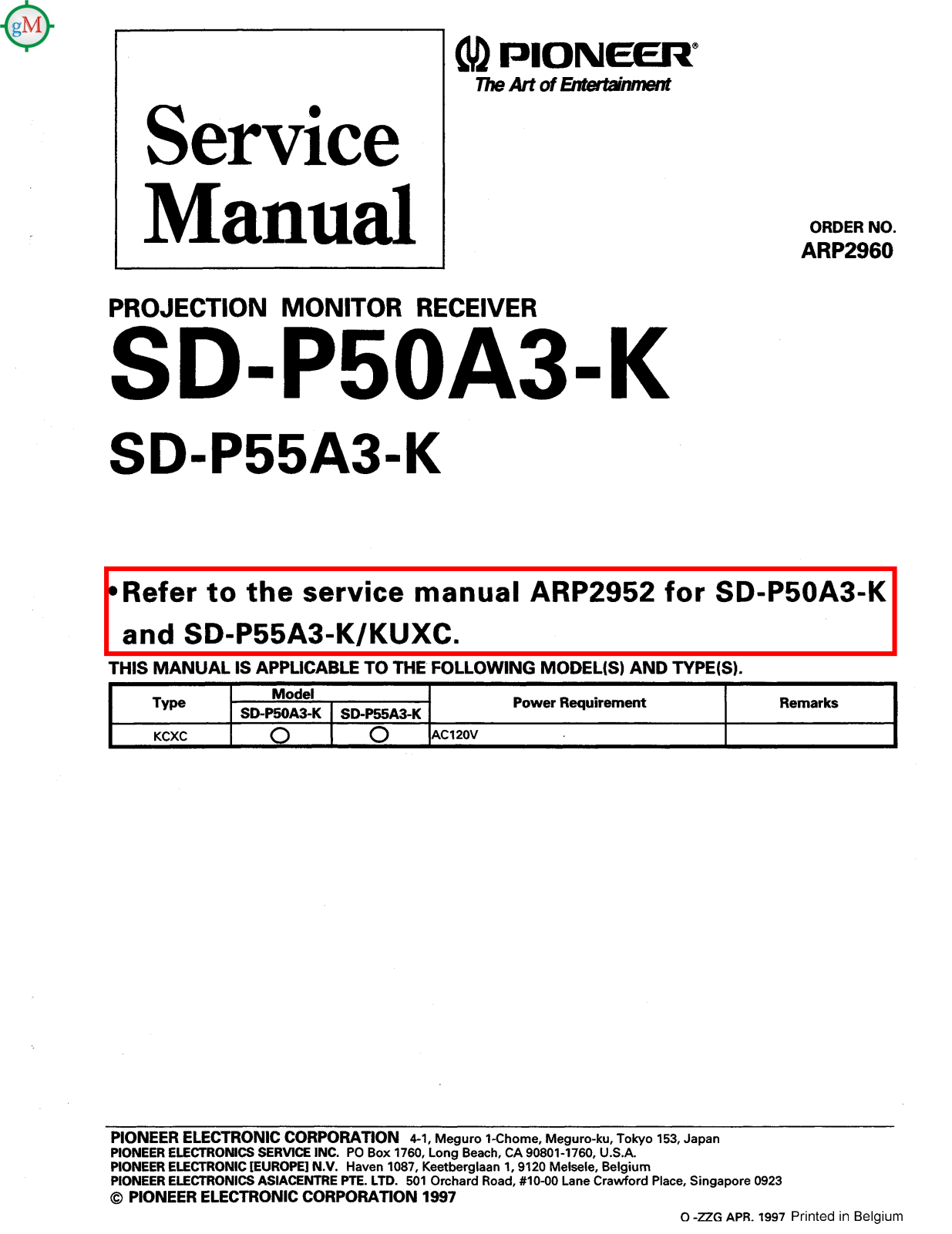 Pioneer SDP-50-A-3-K, SDP-55-A-3-K Service manual