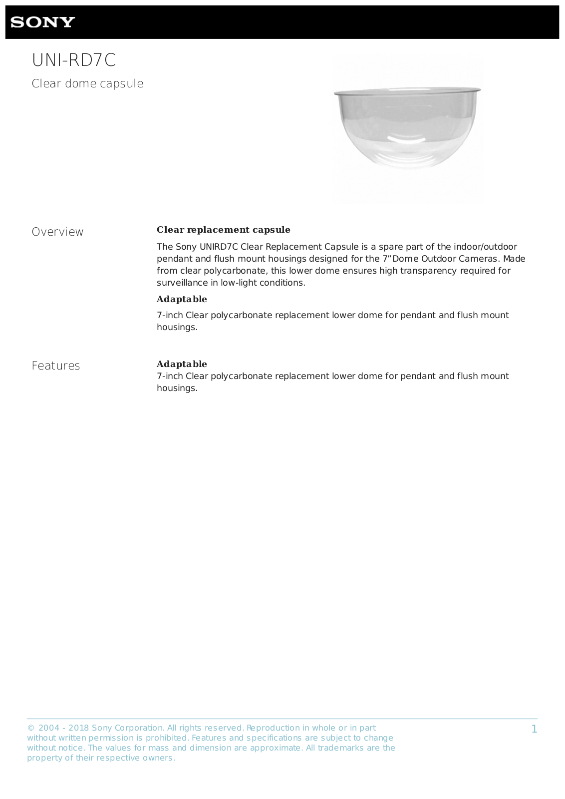 Sony UNI-RD7C Specsheet