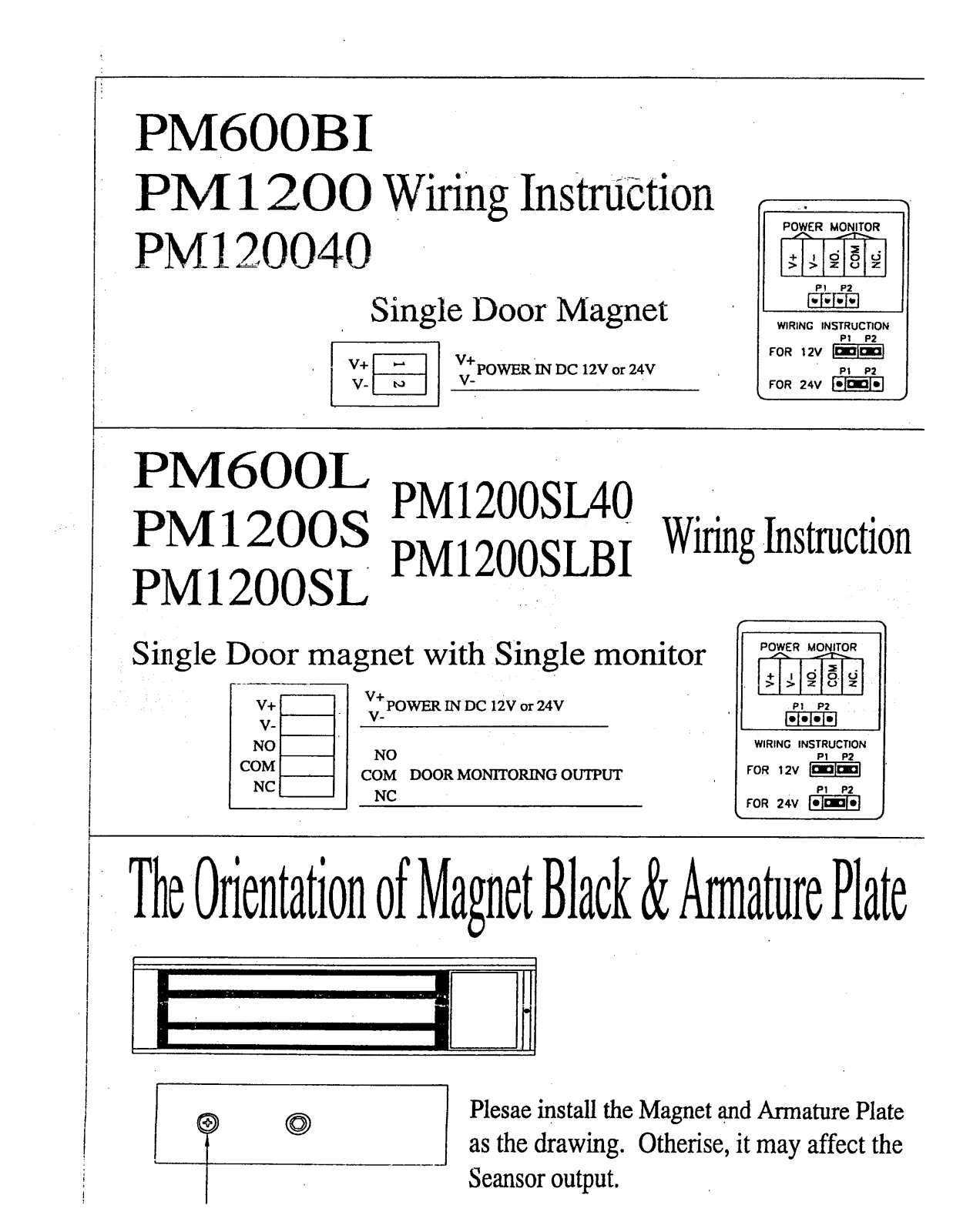 Alarm Lock PM600BI, PM1200, PM120040 Instruction