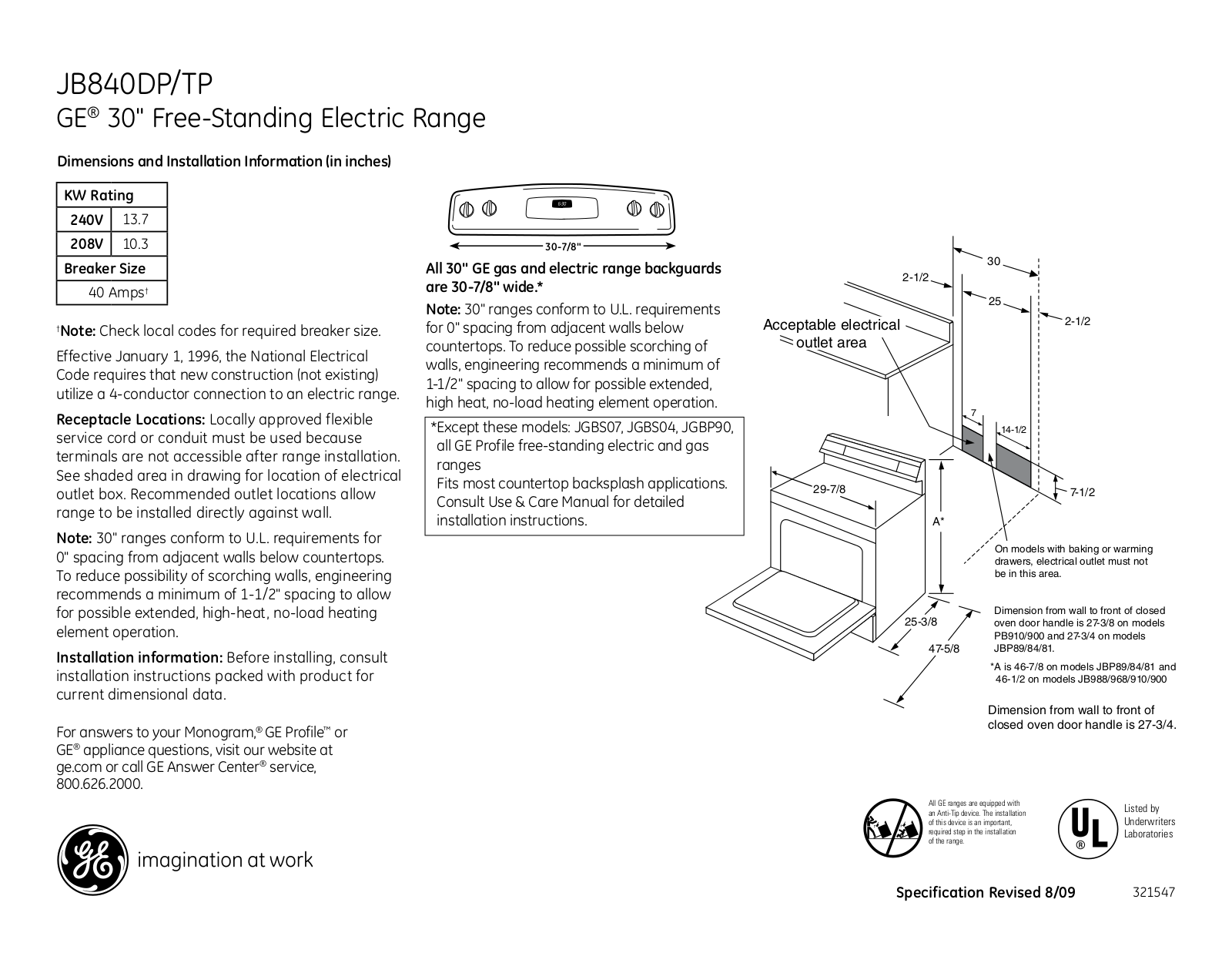 General Electric JB840DPBB User Manual