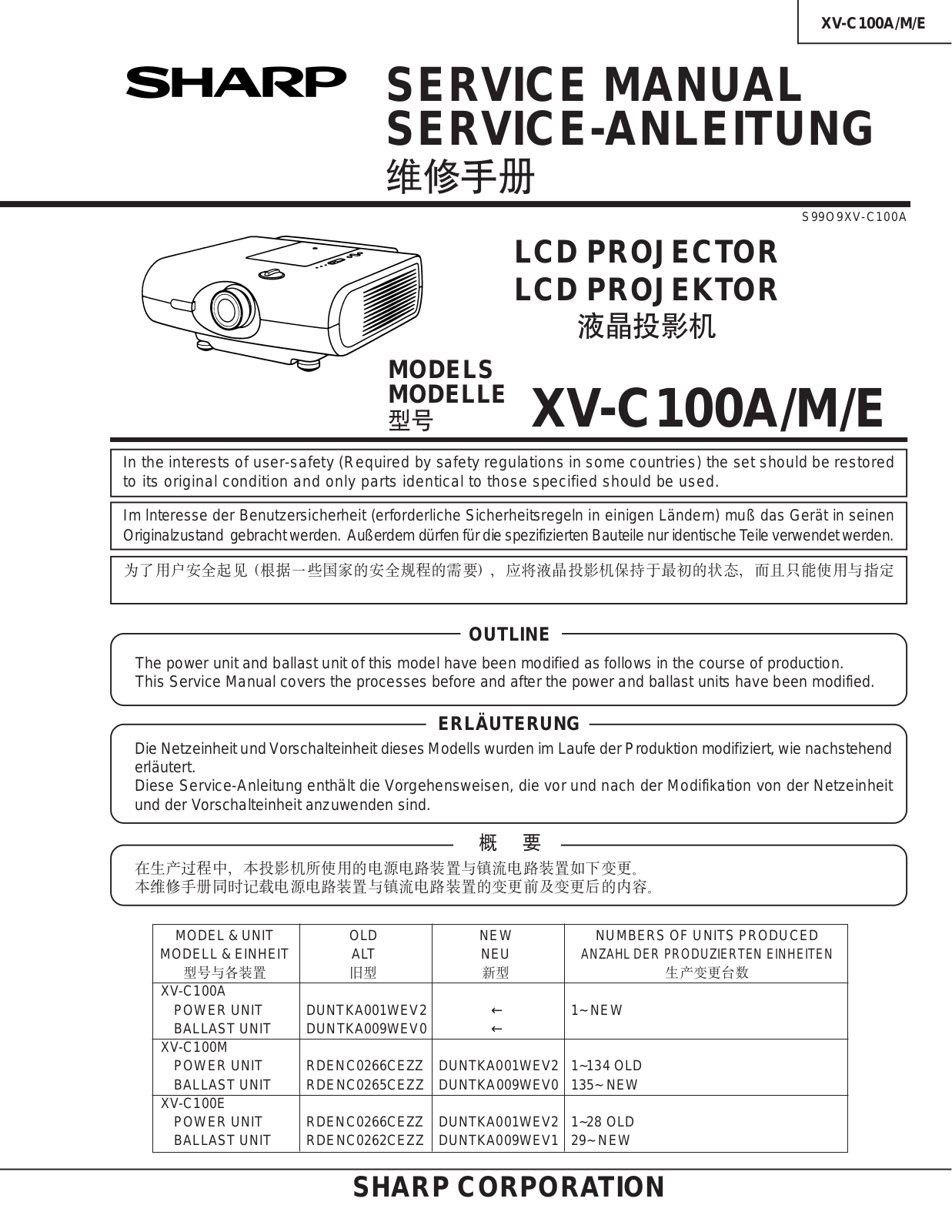 Sharp XV-C100E, XV-C100M, XV-C100A Service Manual