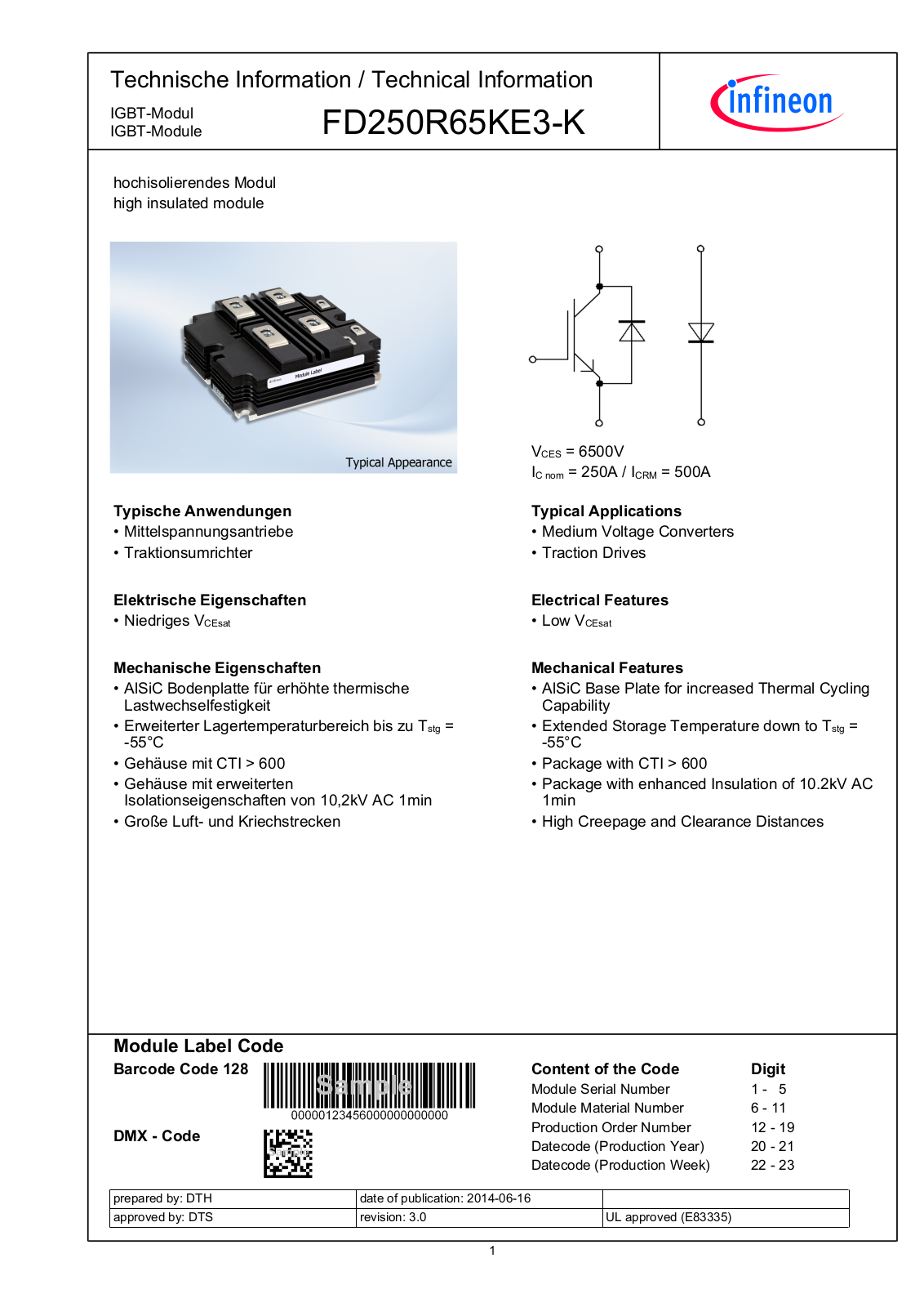 Infineon FD250R65KE3-K Data Sheet