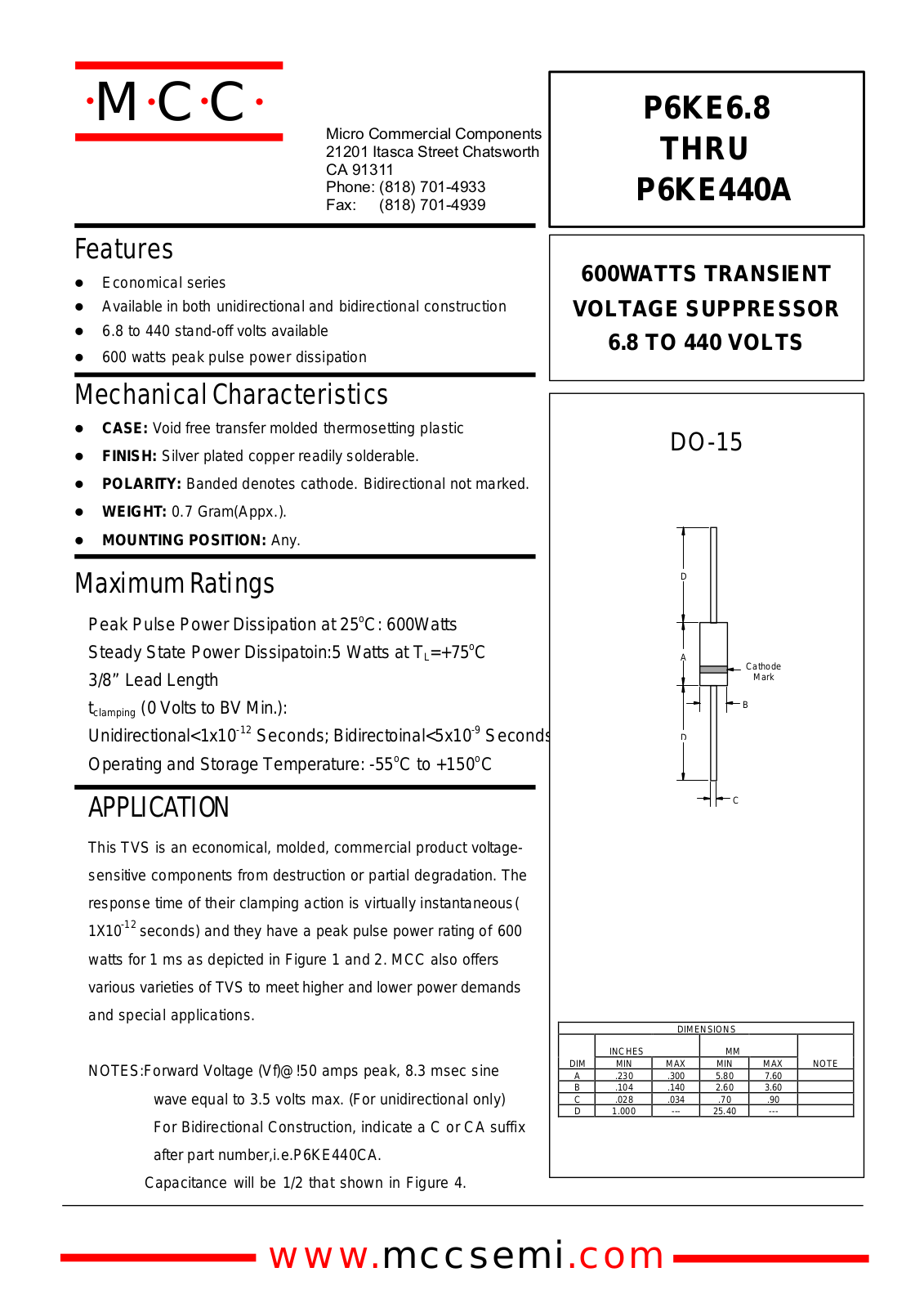 MCC P6KE100C, P6KE100CA, P6KE10A, P6KE10CA, P6KE11 Datasheet