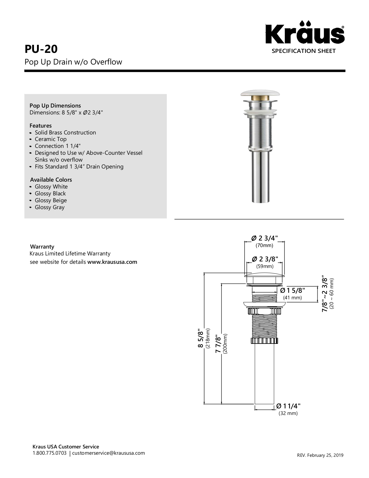 Kraus KCV202GWH20, KCV200GGR20, KCV200GBE20, KCV200GBL20, KCV200GWH20 Specifications