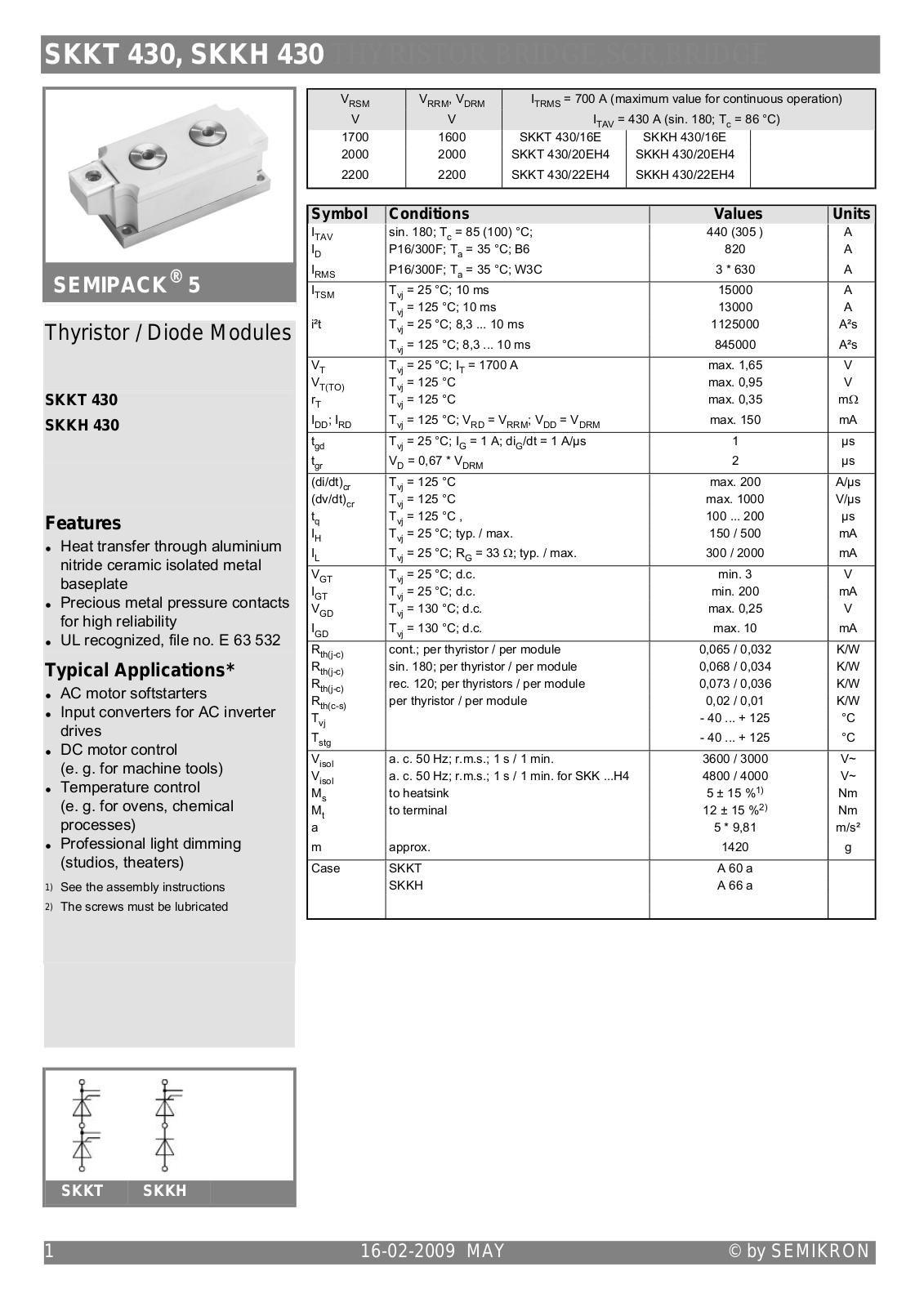 Datasheet SKKT 430, SKKH 430 DataSheet (Semikron) - ManualMachine.com