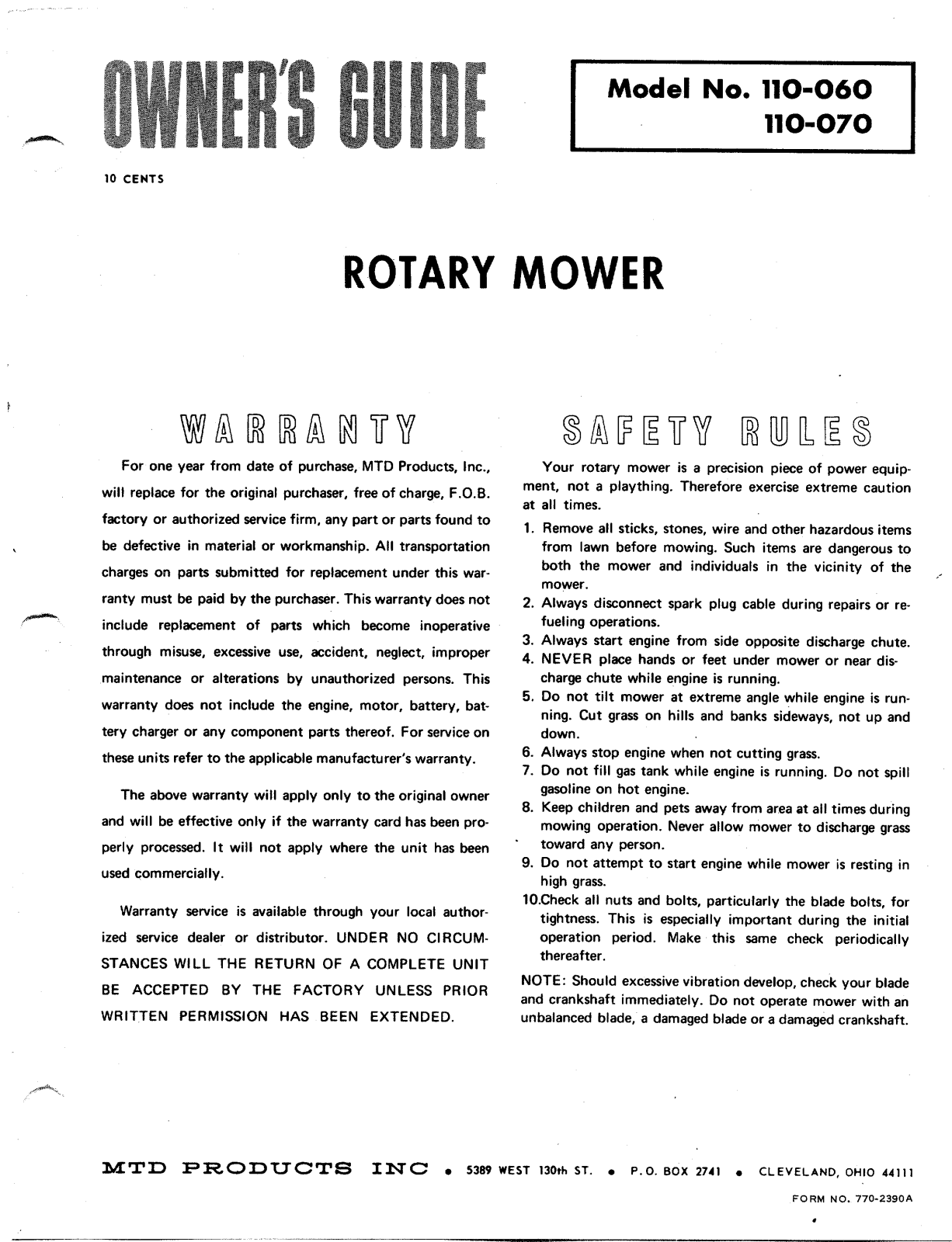 Bolens 110-060 User Manual