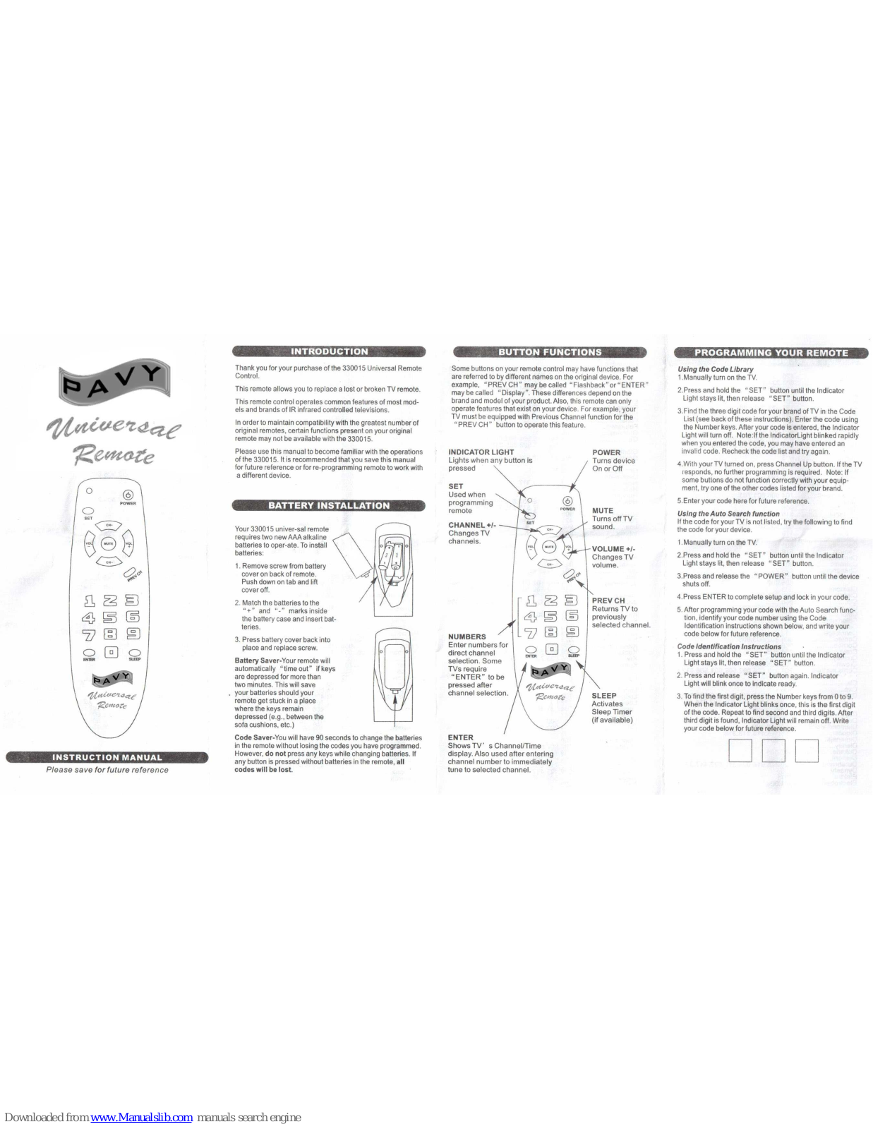 Pavy 330015 Instruction Manual