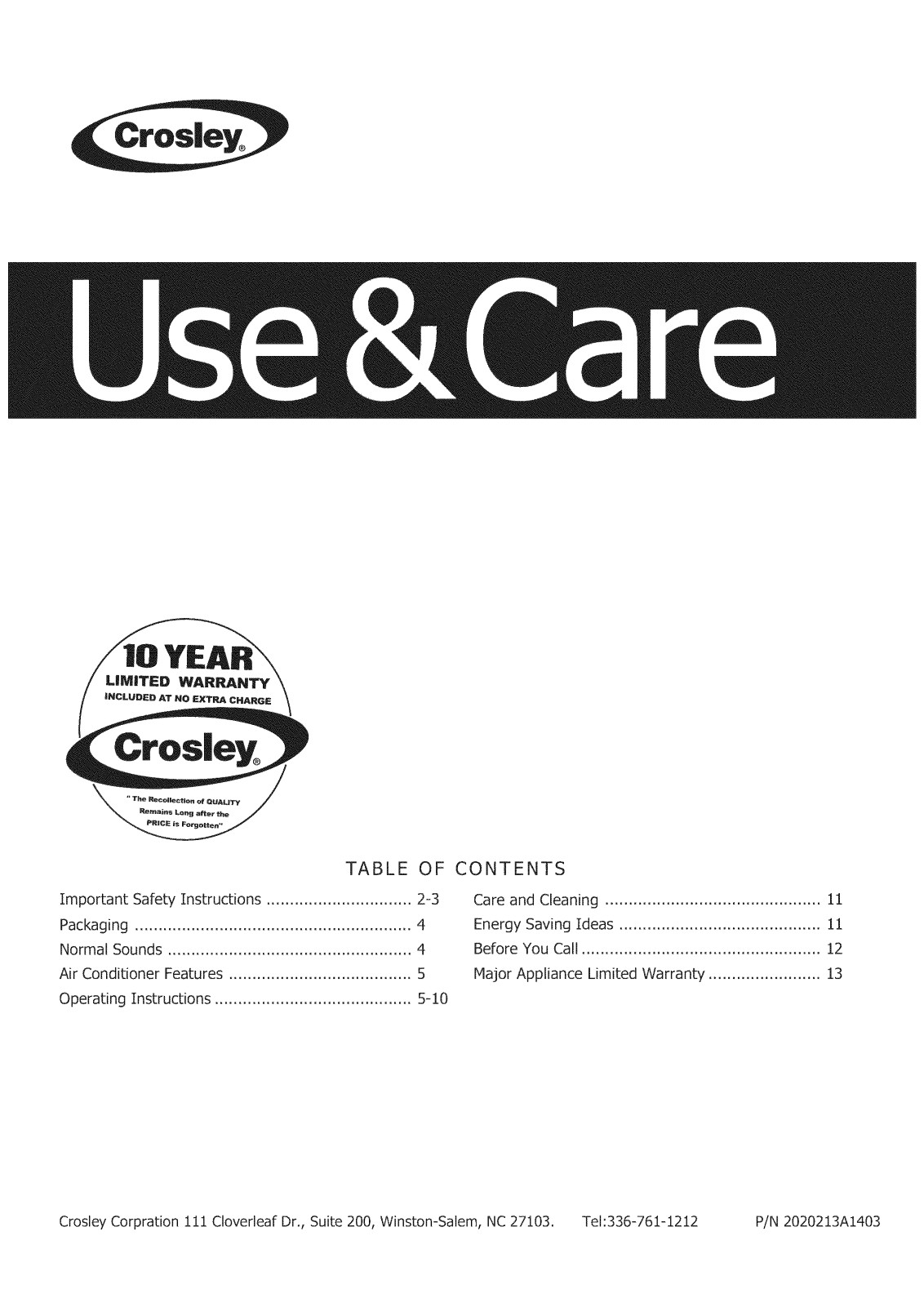 Crosley CAE10ESRR410A23, CAE10ESRR410A21, CAE10ESRR410A22, CAE10ESRR410A20 Owner’s Manual