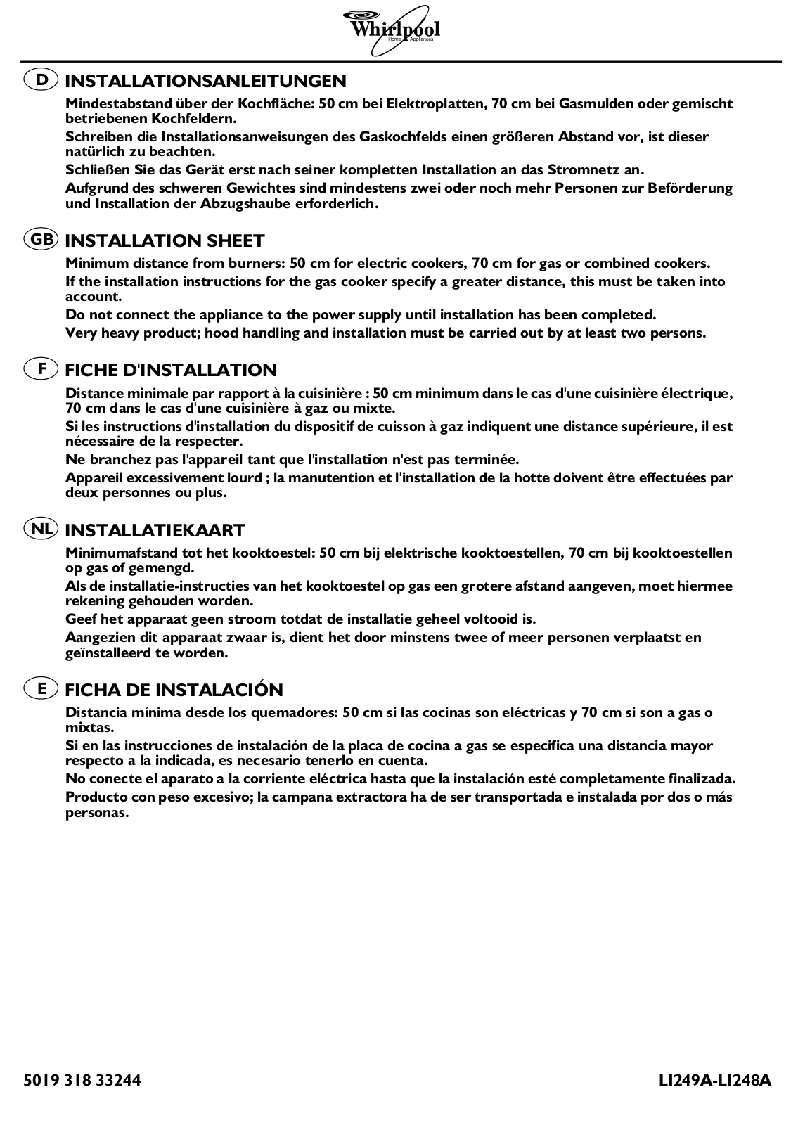 Whirlpool AKR 803 IX INSTALLATION SHEET