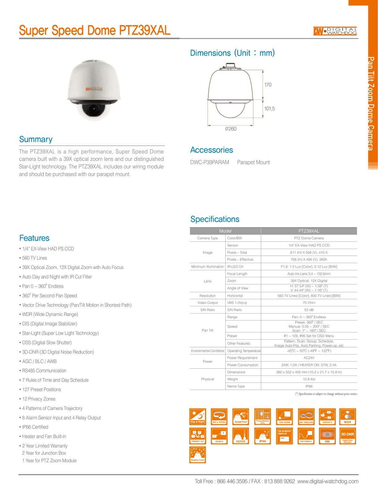 Digital Watchdog DWC-PTZ39XAL Specsheet