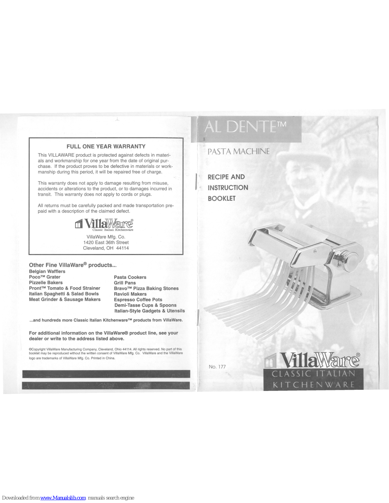 Villaware V177, Al Dente 177 Recipe And Instruction Booklet