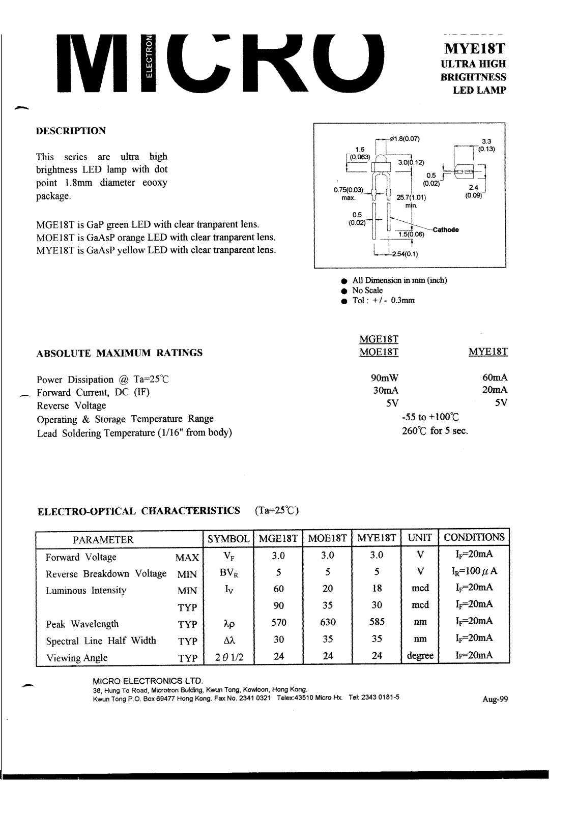 MICRO MOE18T, MGE18T, MYE18T Datasheet