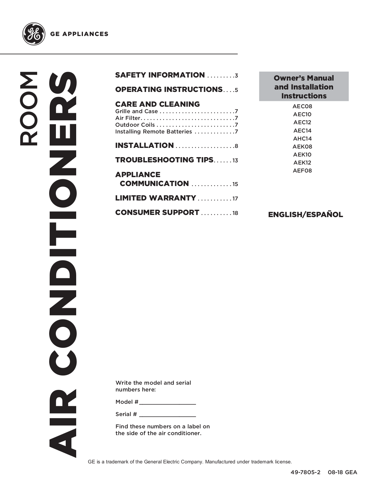 GE AEC08, AEC10, AEC12, AEC14, AHC14 Owner’s Manual & Installation Instructions