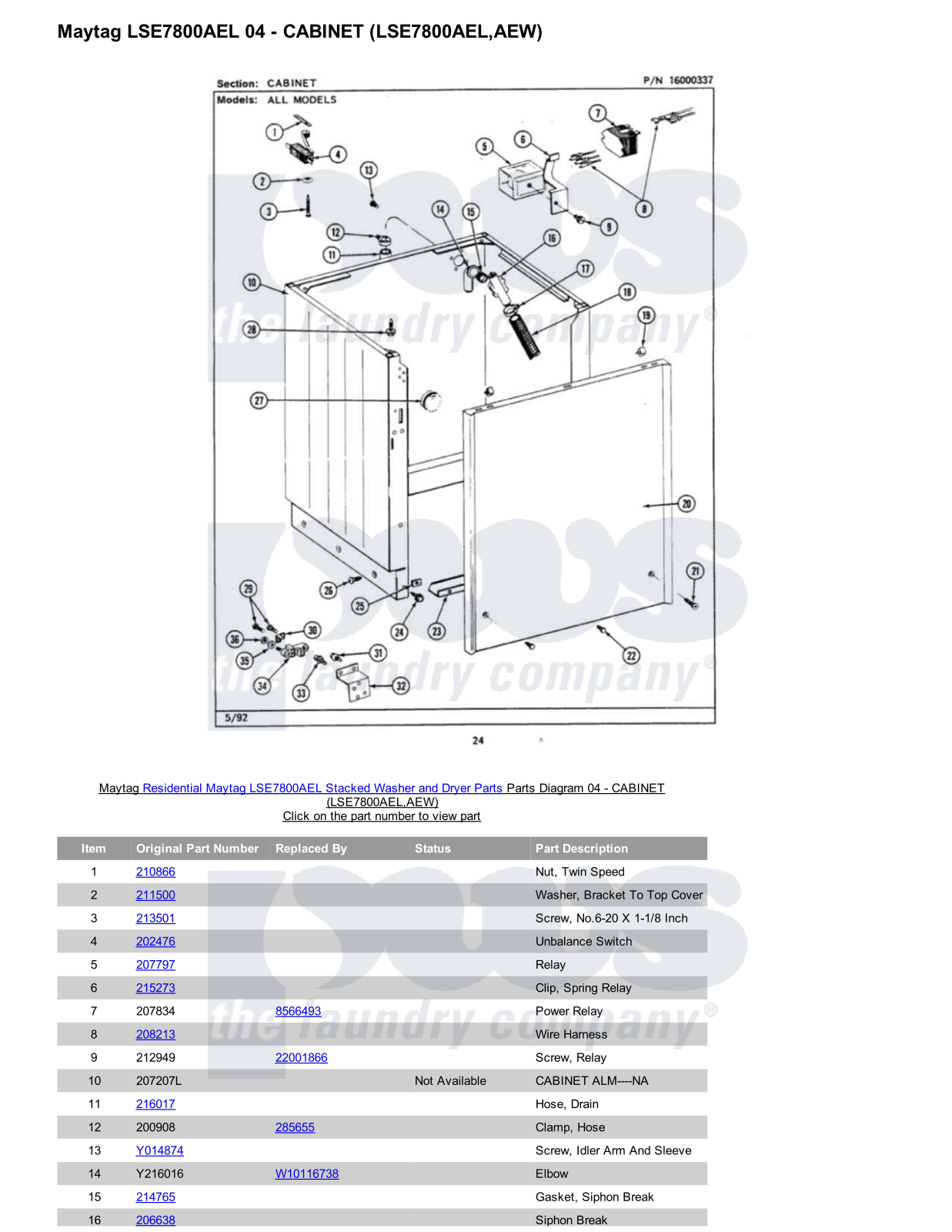 Maytag LSE7800AEL Stacked and Parts Diagram