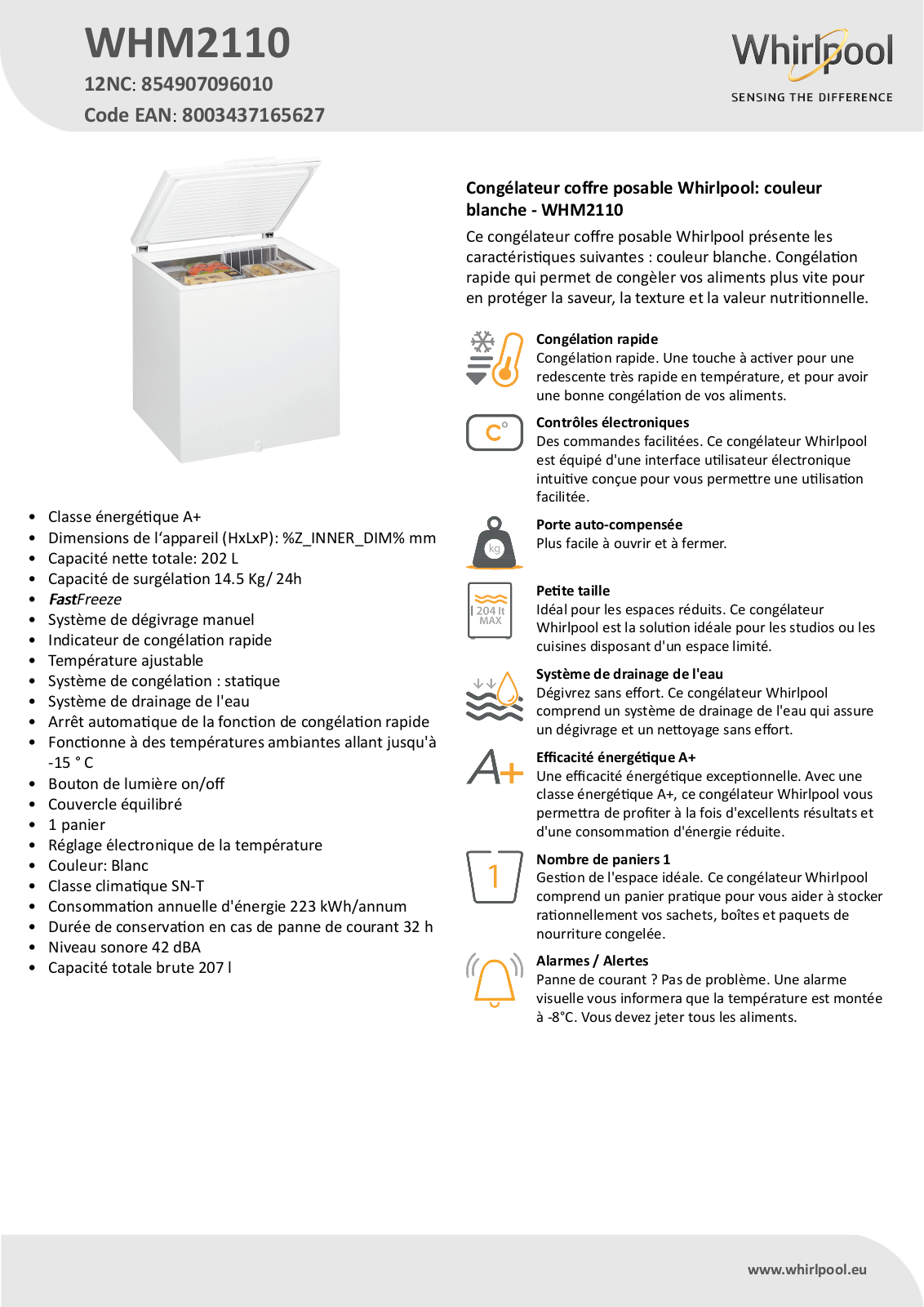 Whirlpool WHM2110 Product information