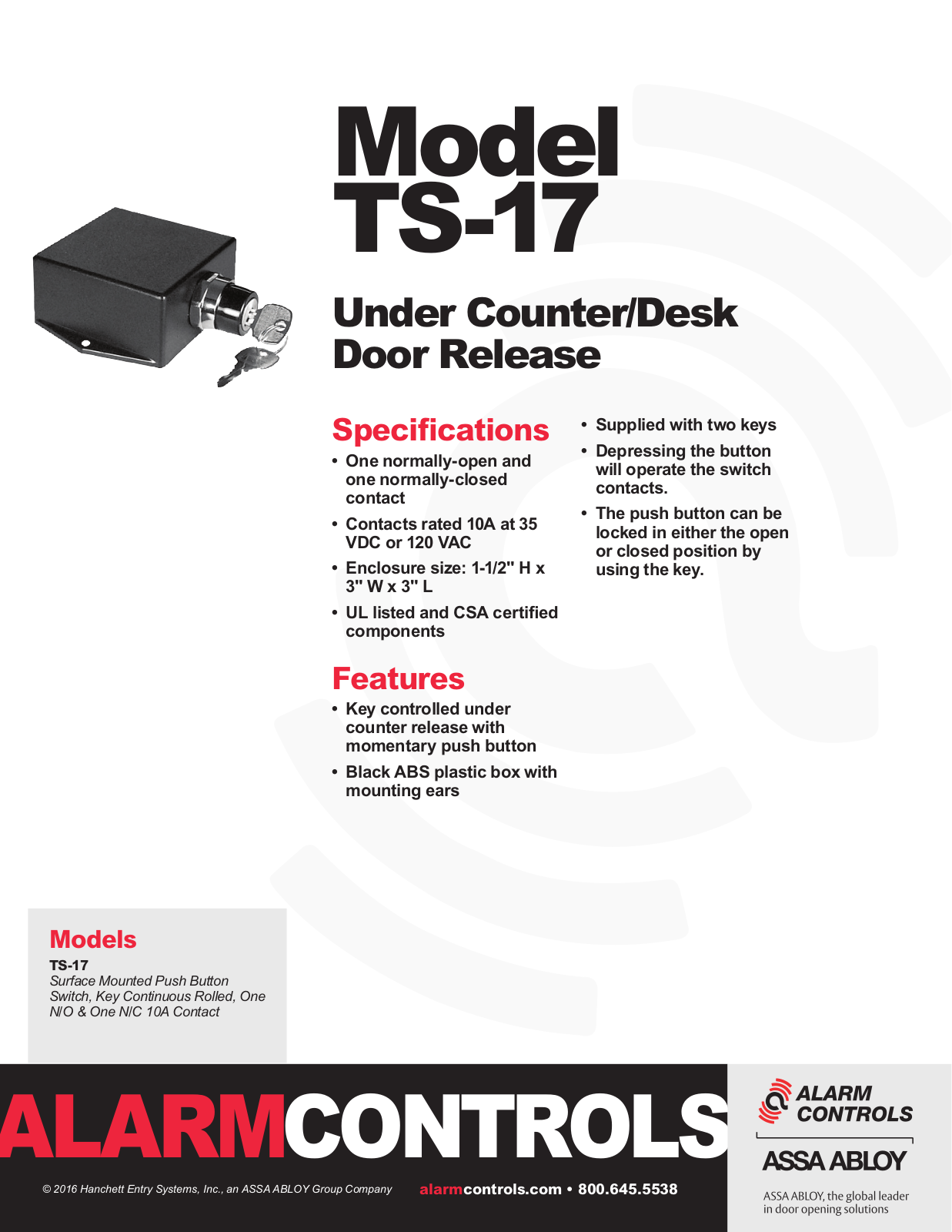 Alarm Controls TS-17 Specsheet