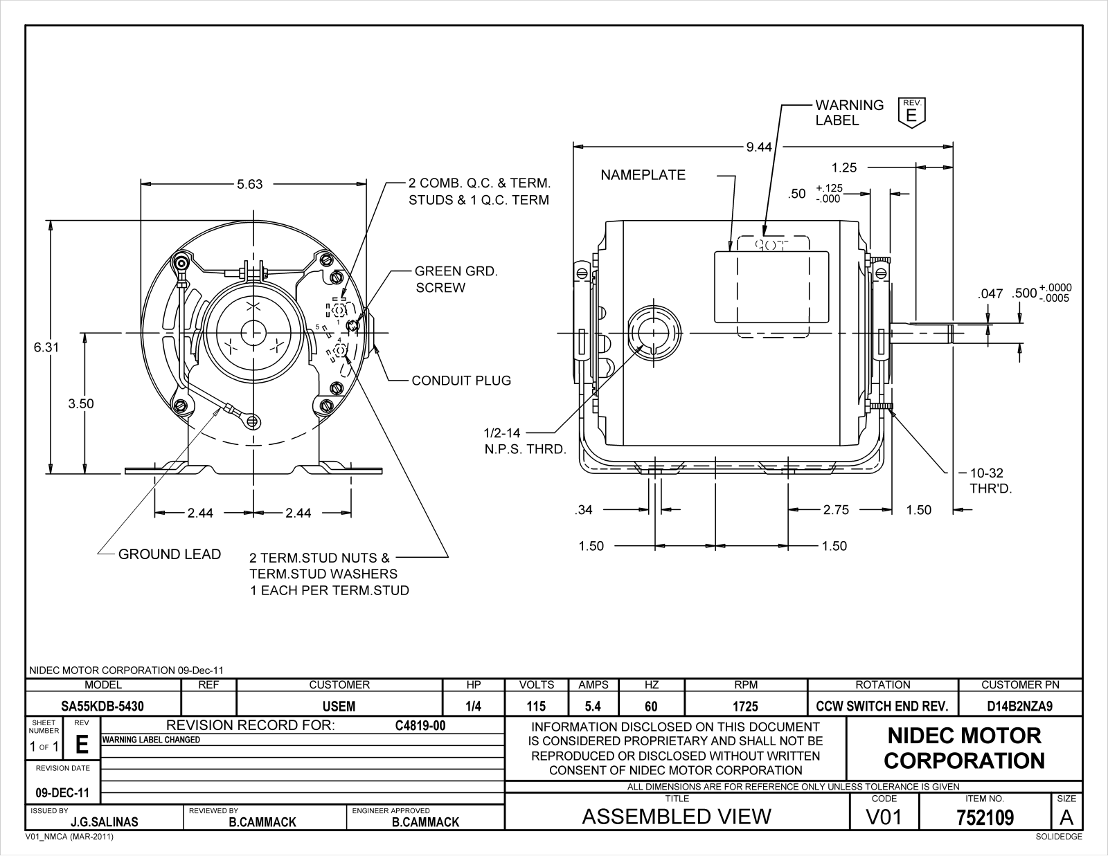 US Motors D14B2NZA9 Dimensional Sheet