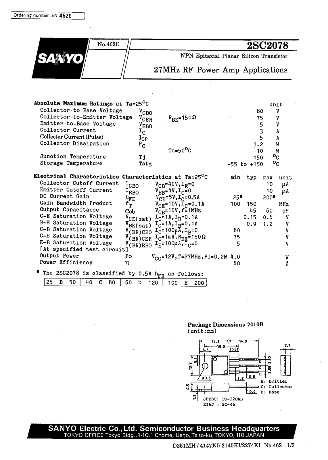 SANYO 2SC2078 Datasheet