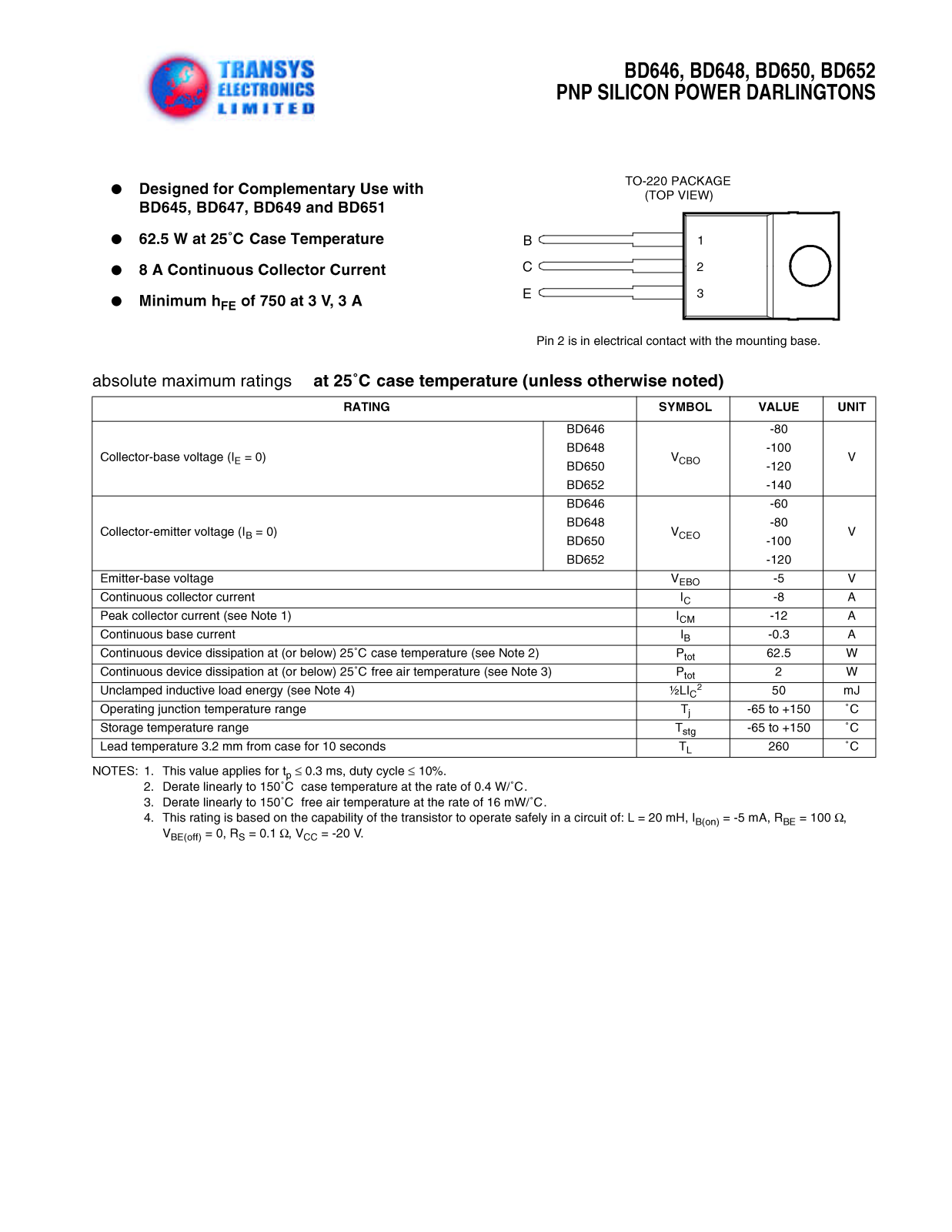 TRSYS BD652, BD652, BD650, BD650, BD648 Datasheet