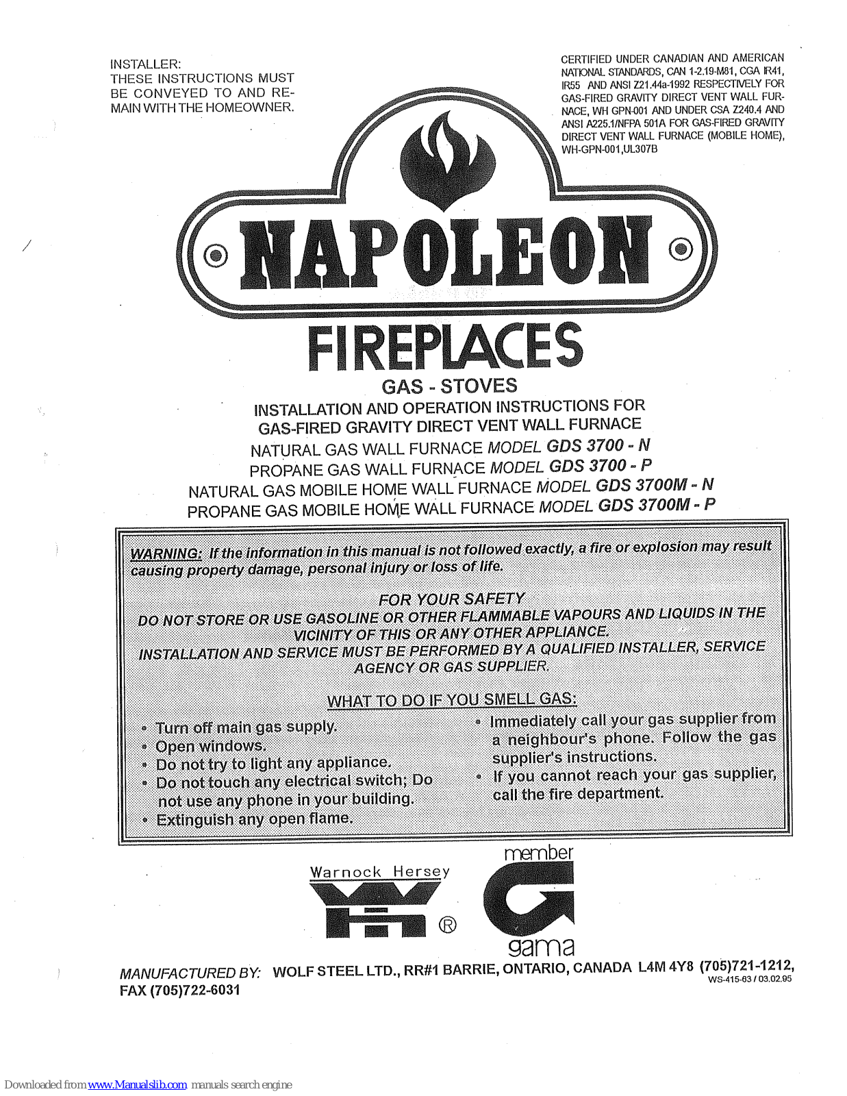 Napoleon GDS 3700-N, GDS 3700-P, GDS 3700M-P, GDS 3700M-N Installation And Operation Instructions Manual