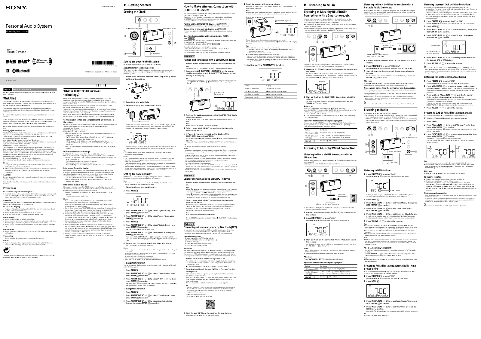 Sony DAB, XDR-DS21BT Operating Instructions Manual