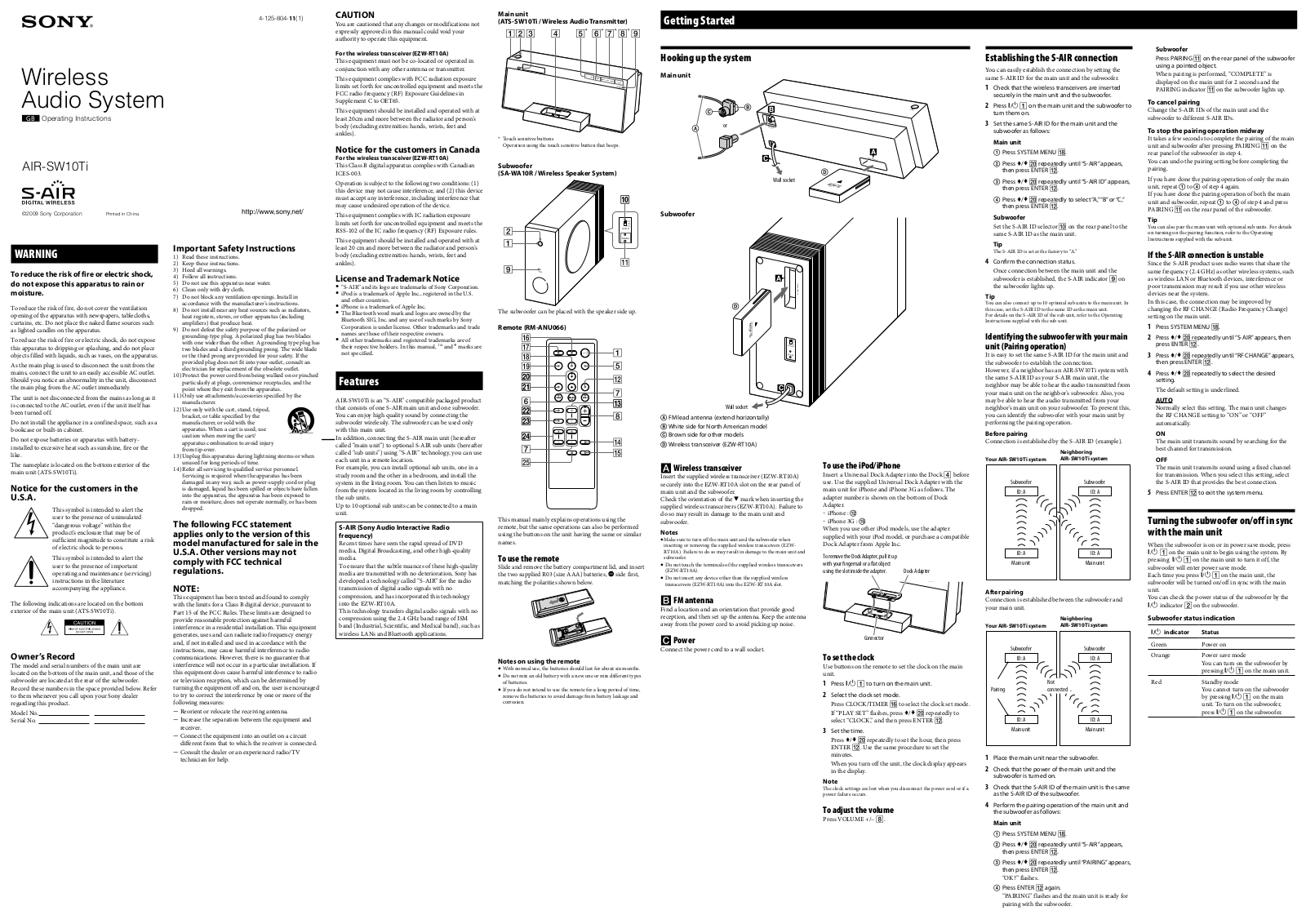 Sony AIR-SW10TI Operating Instructions