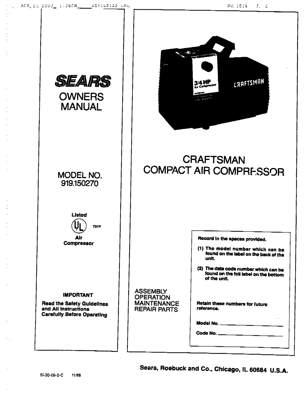 Sears 919.150270 User Manual