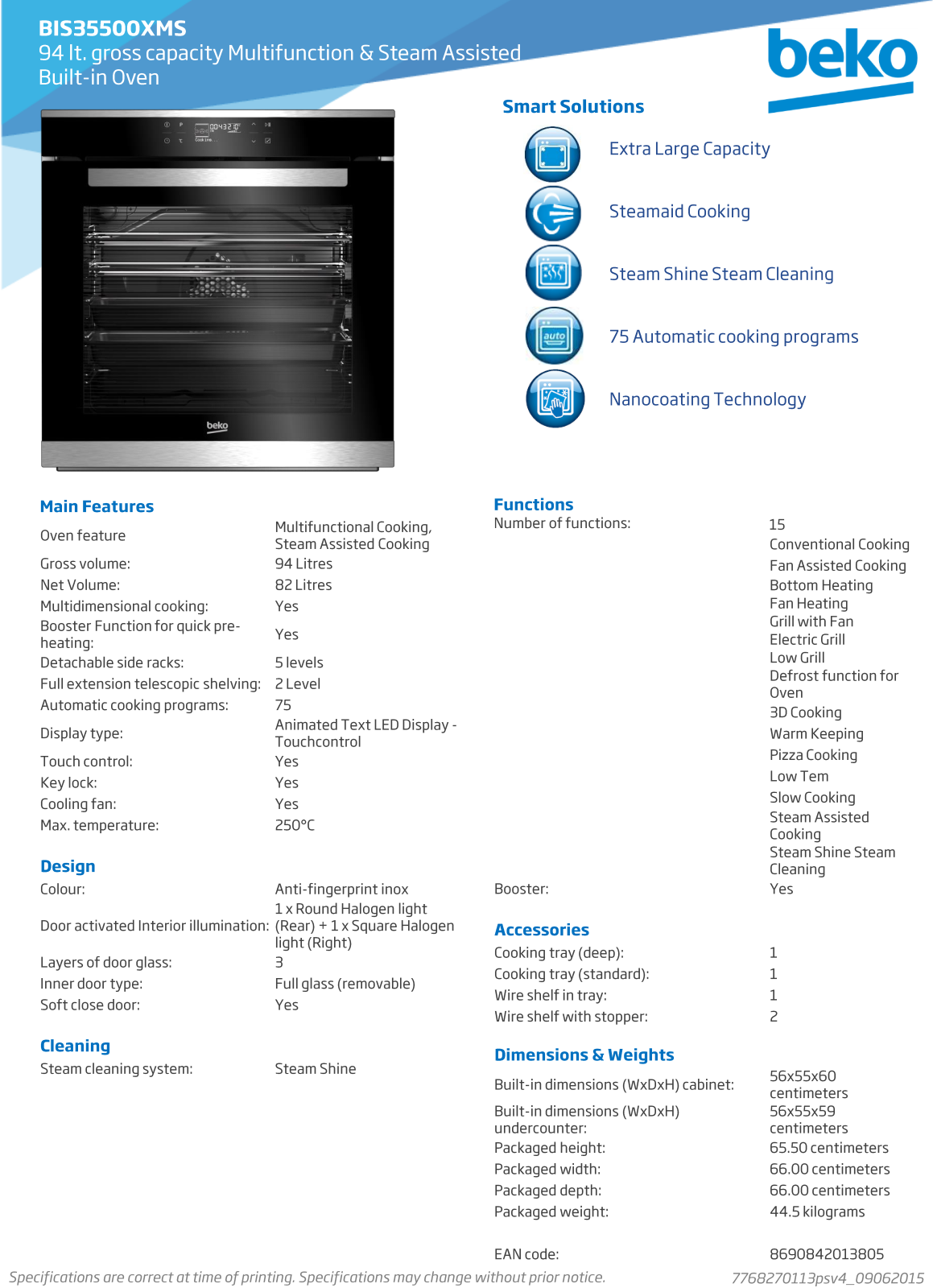 Beko BIS35500XMS Specifications Sheet