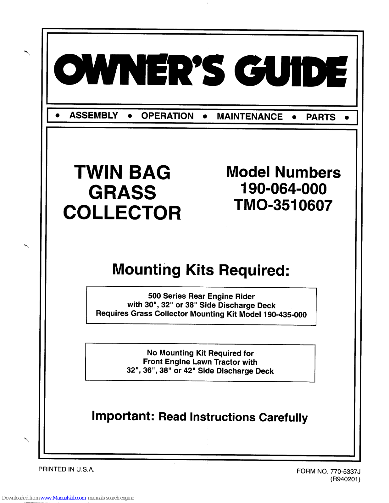 MTD 190-064-000, TMO-3510607, 64 Owner's Manual