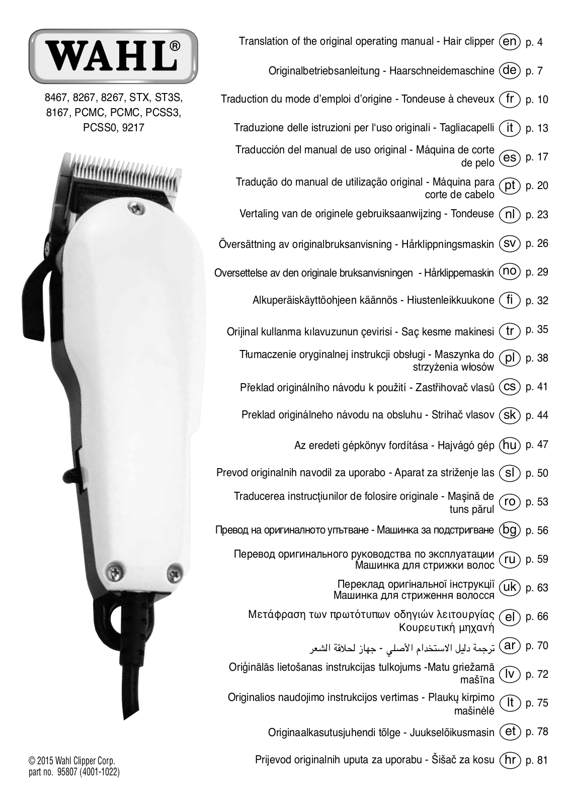 Wahl 8467, 8267, STX, ST3S, 8167 Translation Of The Original Operating Manual