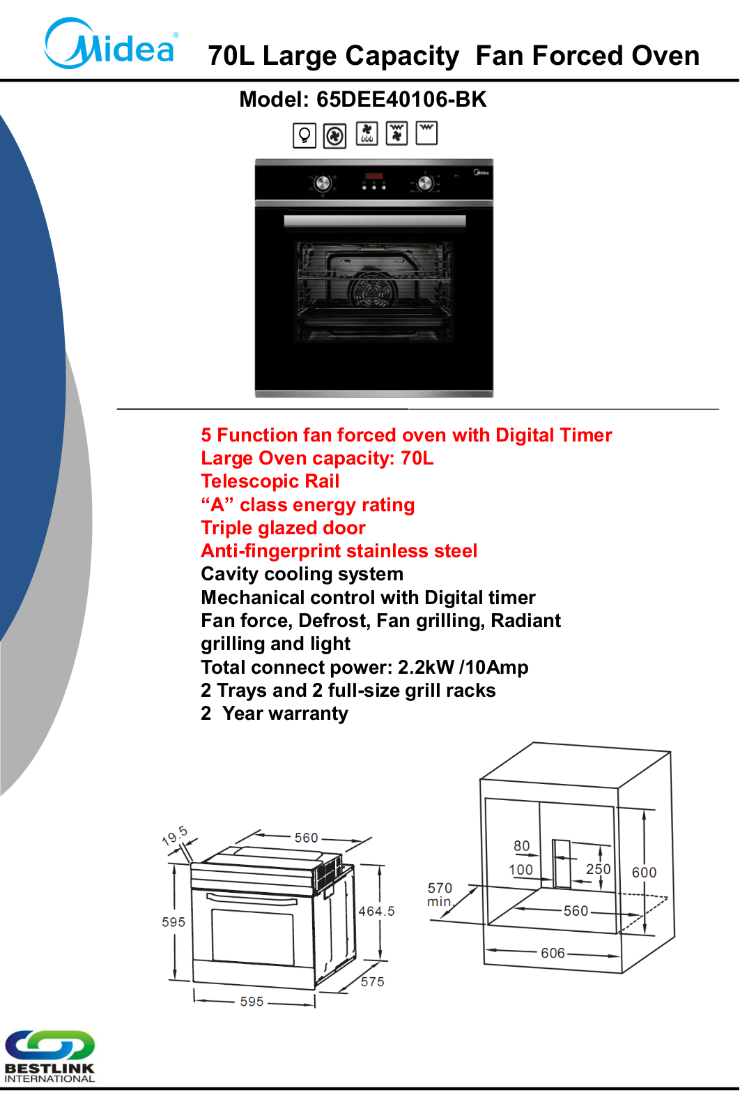 Midea 65DEE40106-BK Specifications Sheet