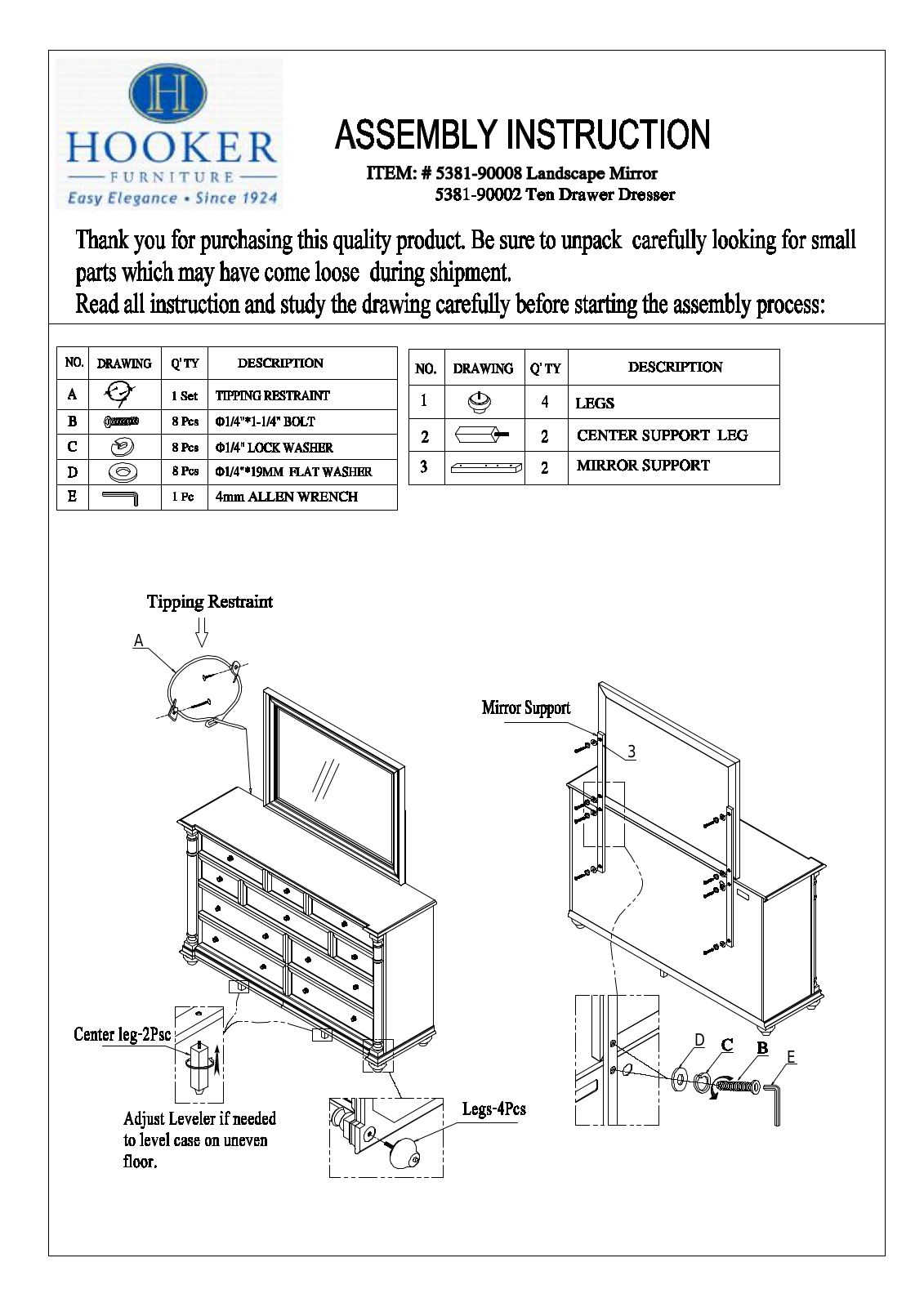 Hooker Furniture 538190008, 538190002 Assembly Guide