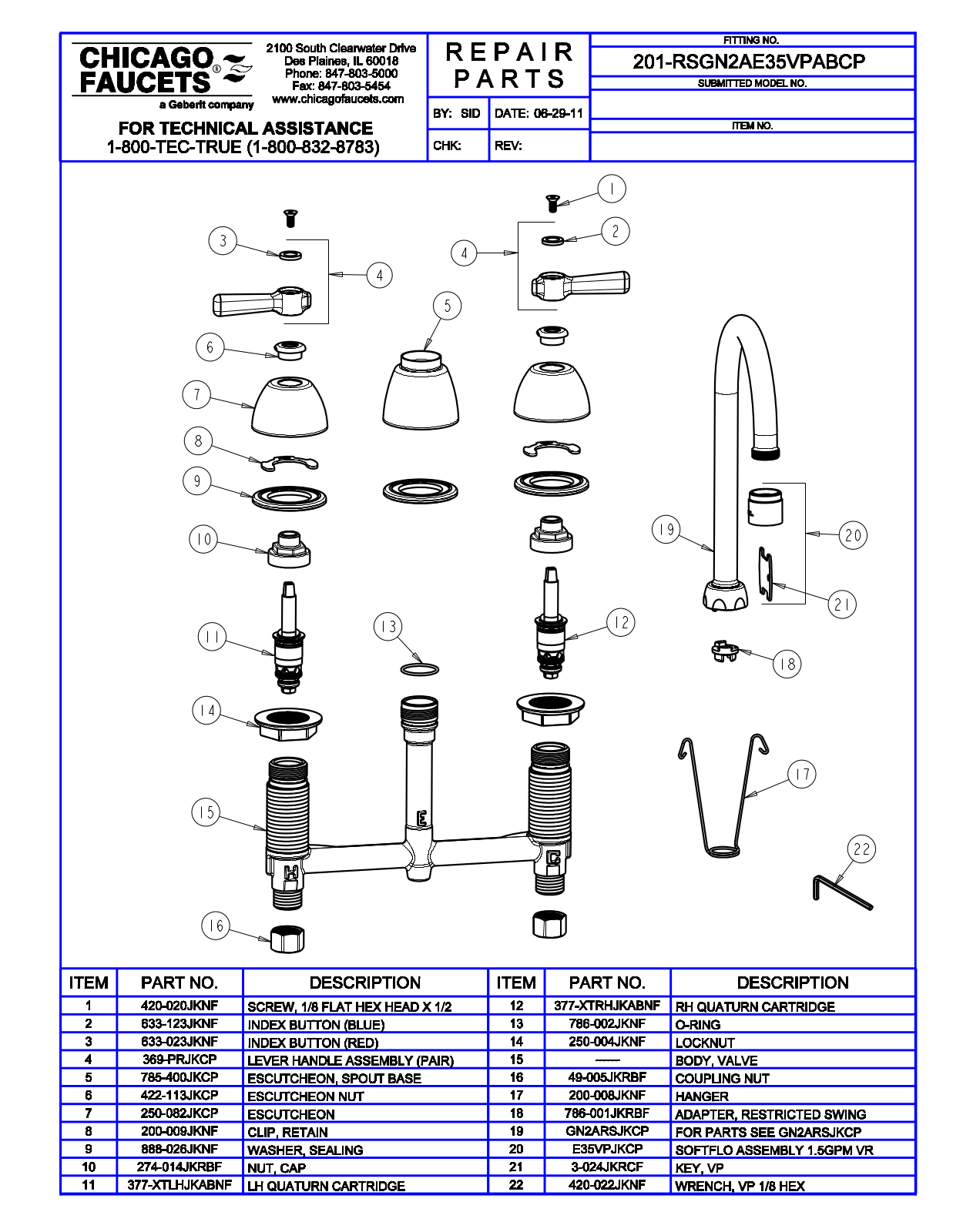 Chicago Faucet 201-RSGN2AE35VPAB Parts List