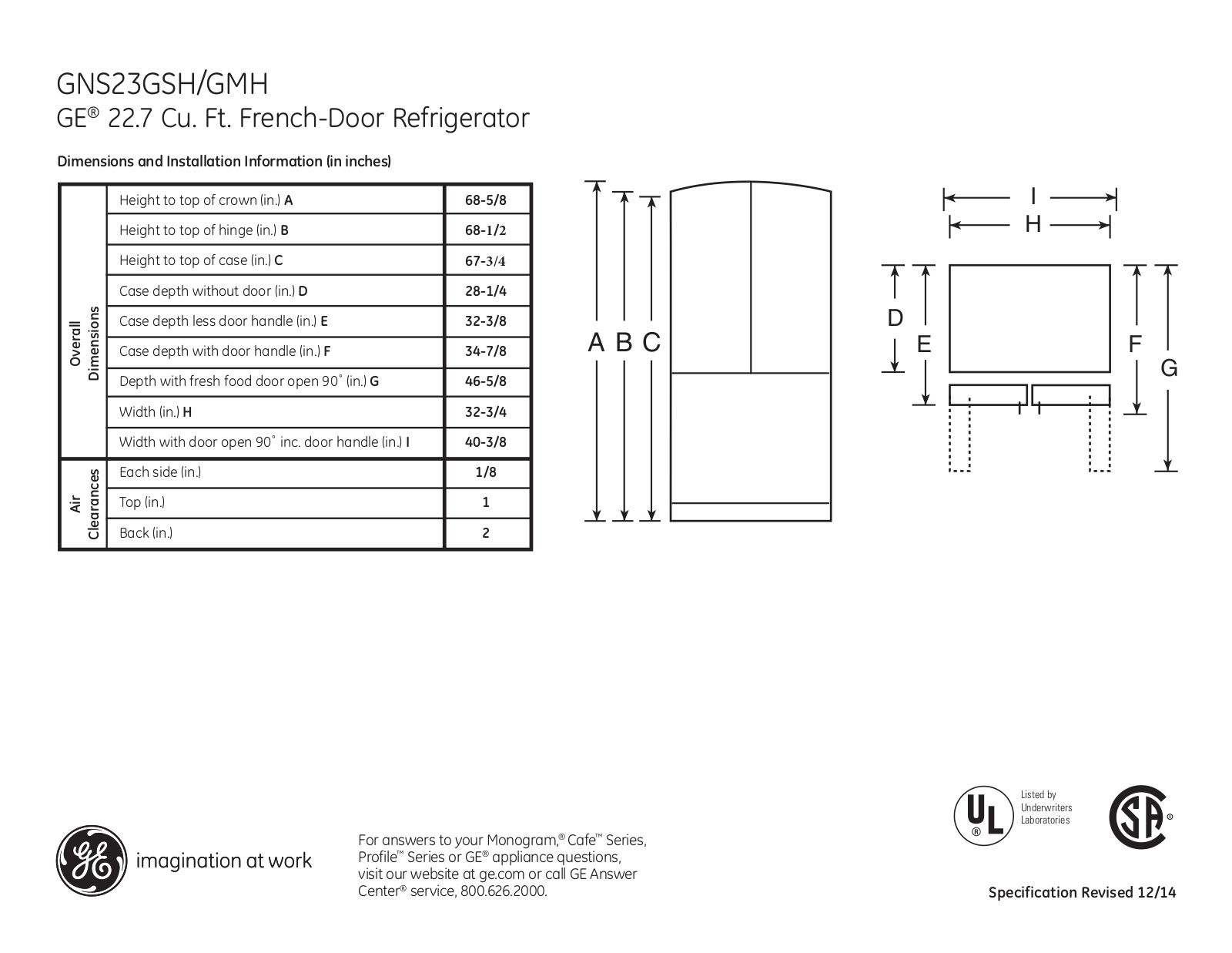 GE GNS23GSHSS, GNS23GMHES Specification Sheet