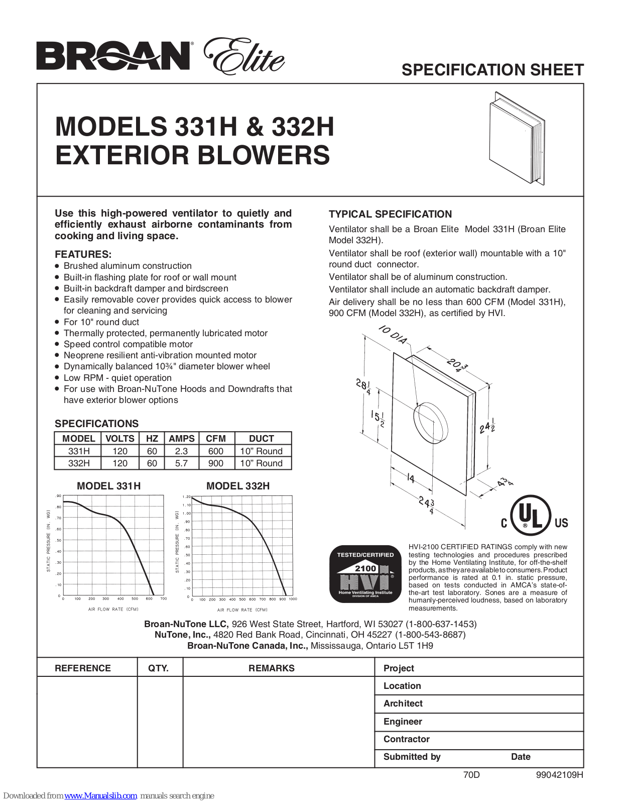 NuTone 331H, 332H Specification Sheet