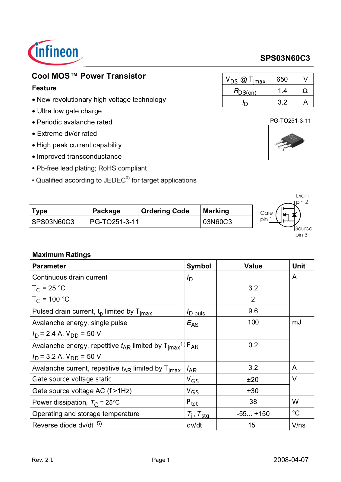 INFINEON SPS 03N60C3 User Manual