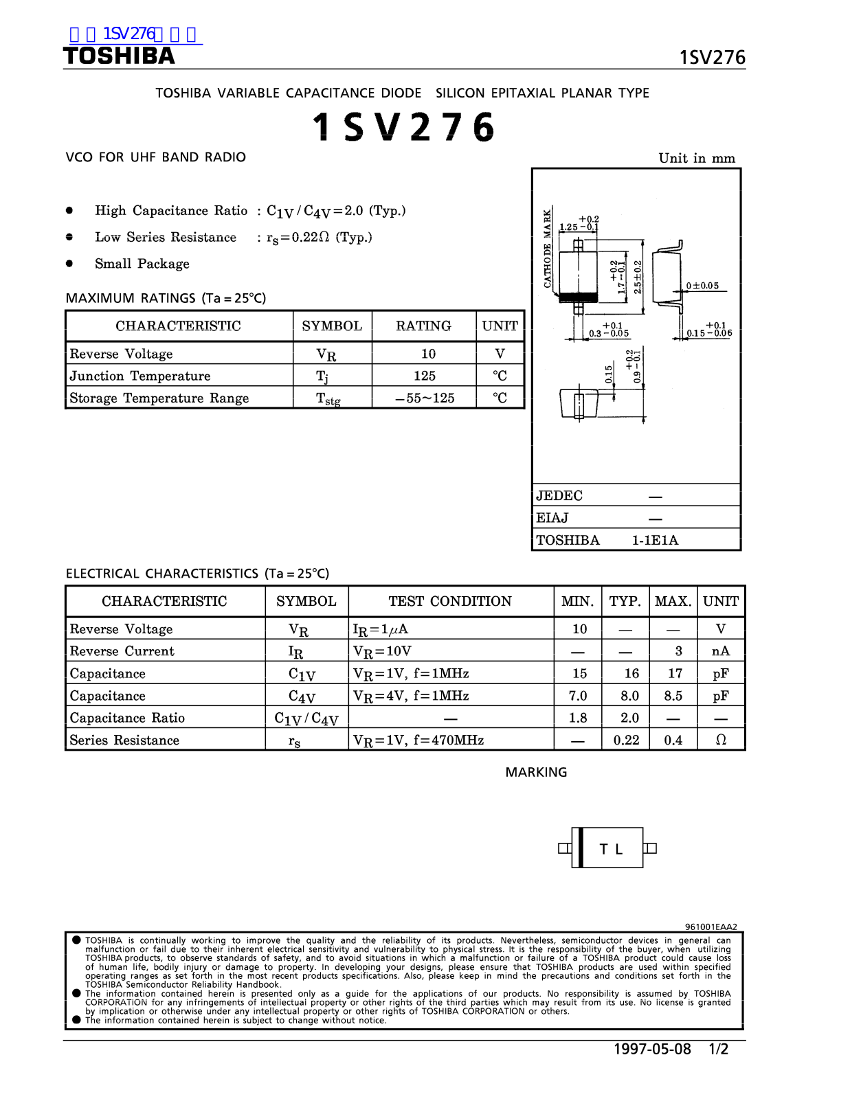 TOSHIBA 1SV276 Technical data