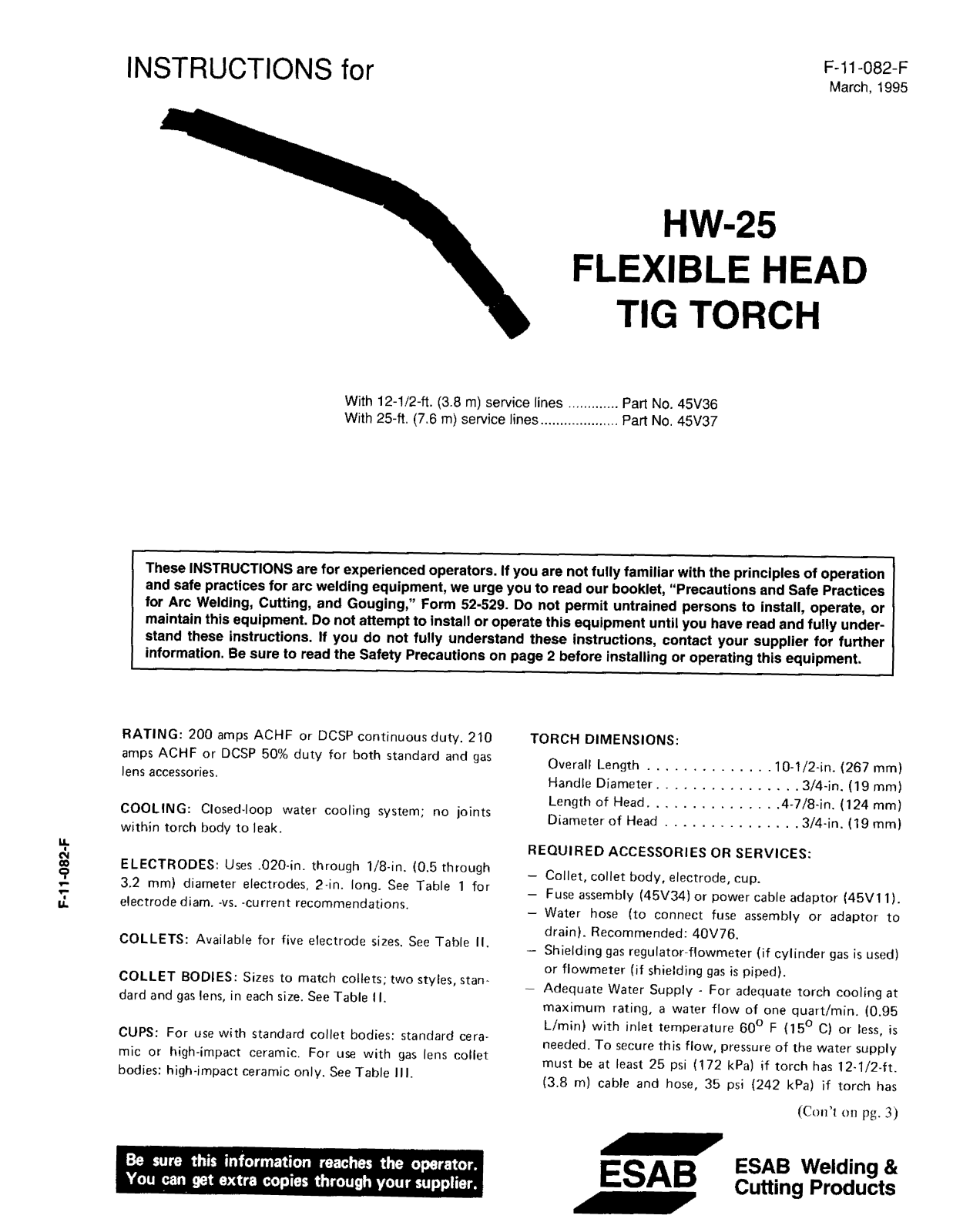 ESAB HW-25 Flexible Head Tig Torch Troubleshooting instruction