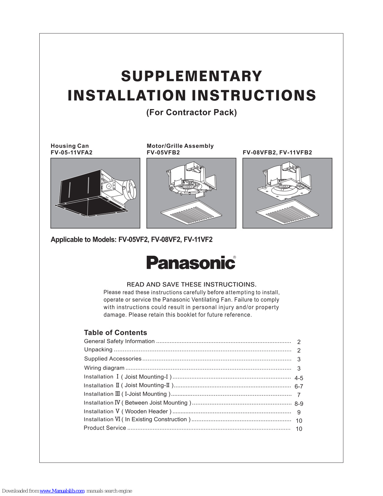 Panasonic fv05vf2, FV-05-11VFA2, FV-05VFB2, FV-08VFB2, FV-11VFB2 Supplementary Installation Instructions