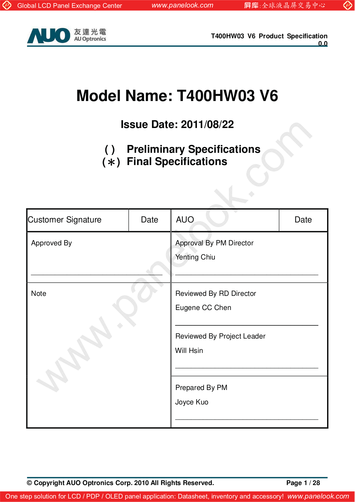 AUO T400HW03 V6 Specification - ManualMachine.com