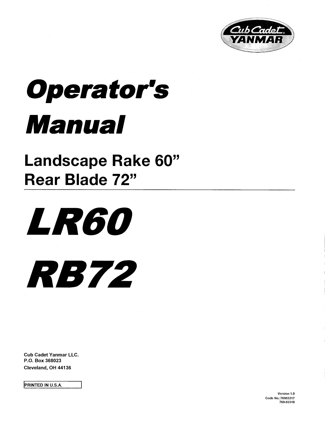 Cub cadet RB72, LR60 User Manual