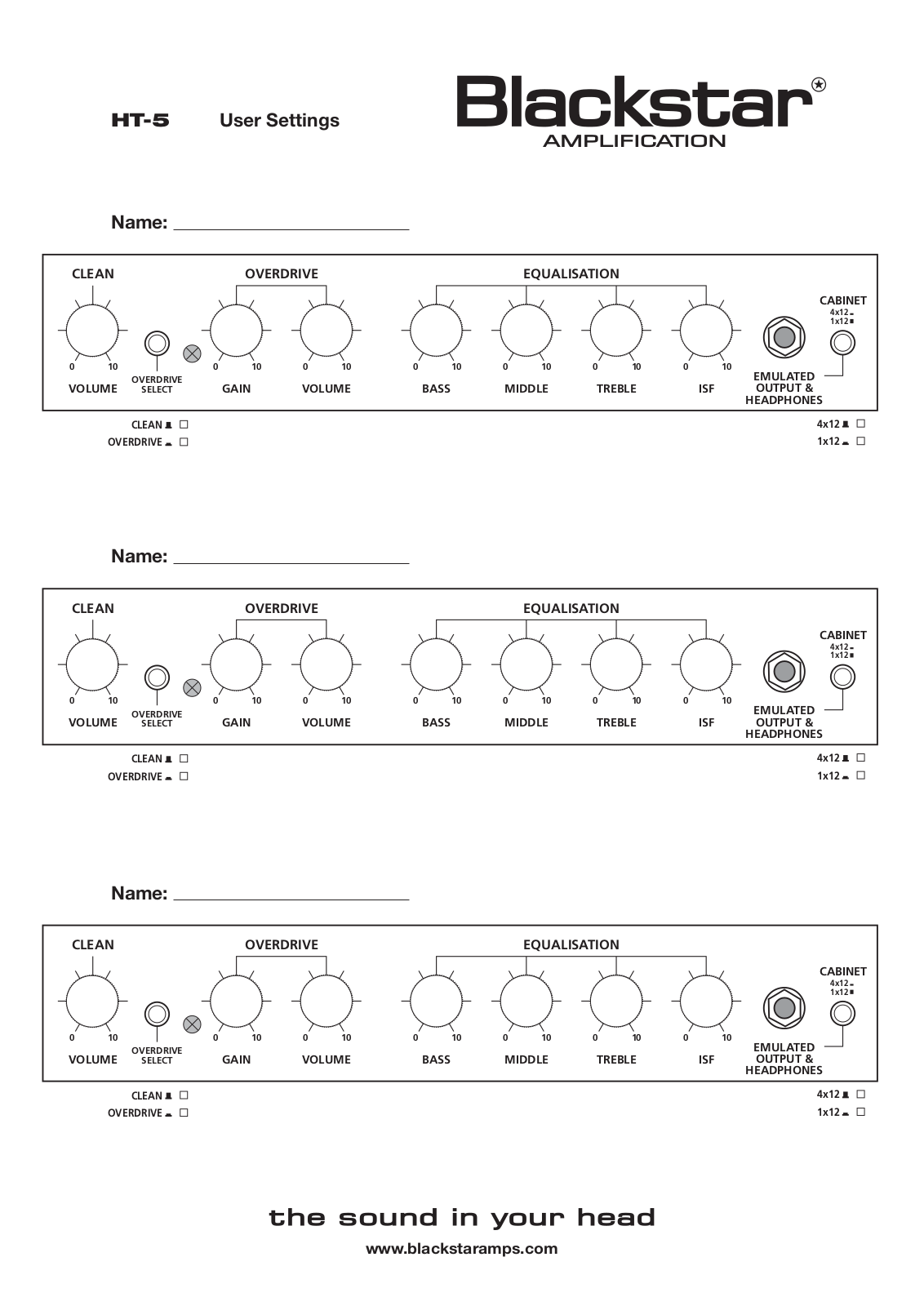 Blackstar Amplification HT-5 User Settings Sheet - ManualMachine.com