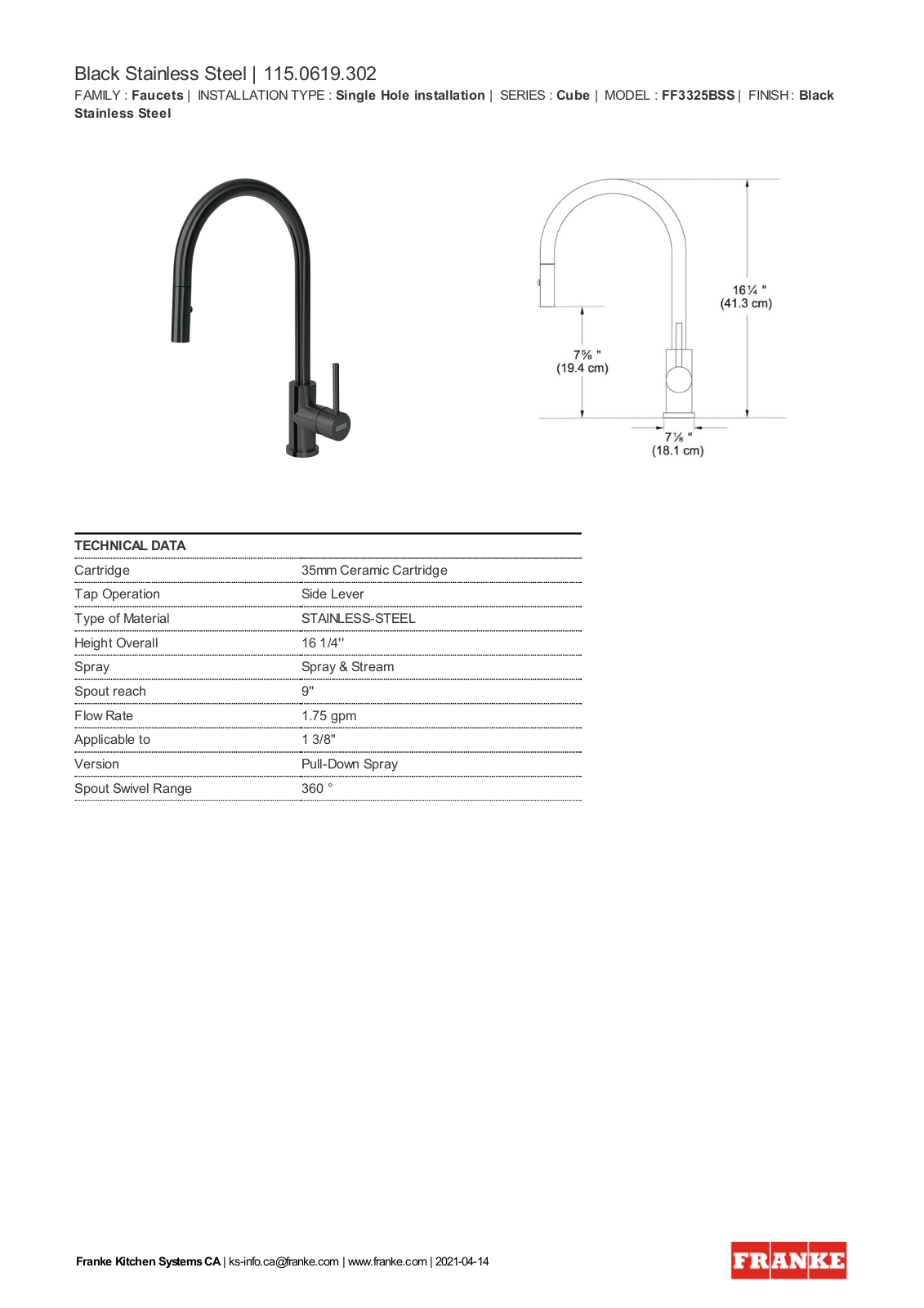 Franke FF3325BSS Specification Sheet