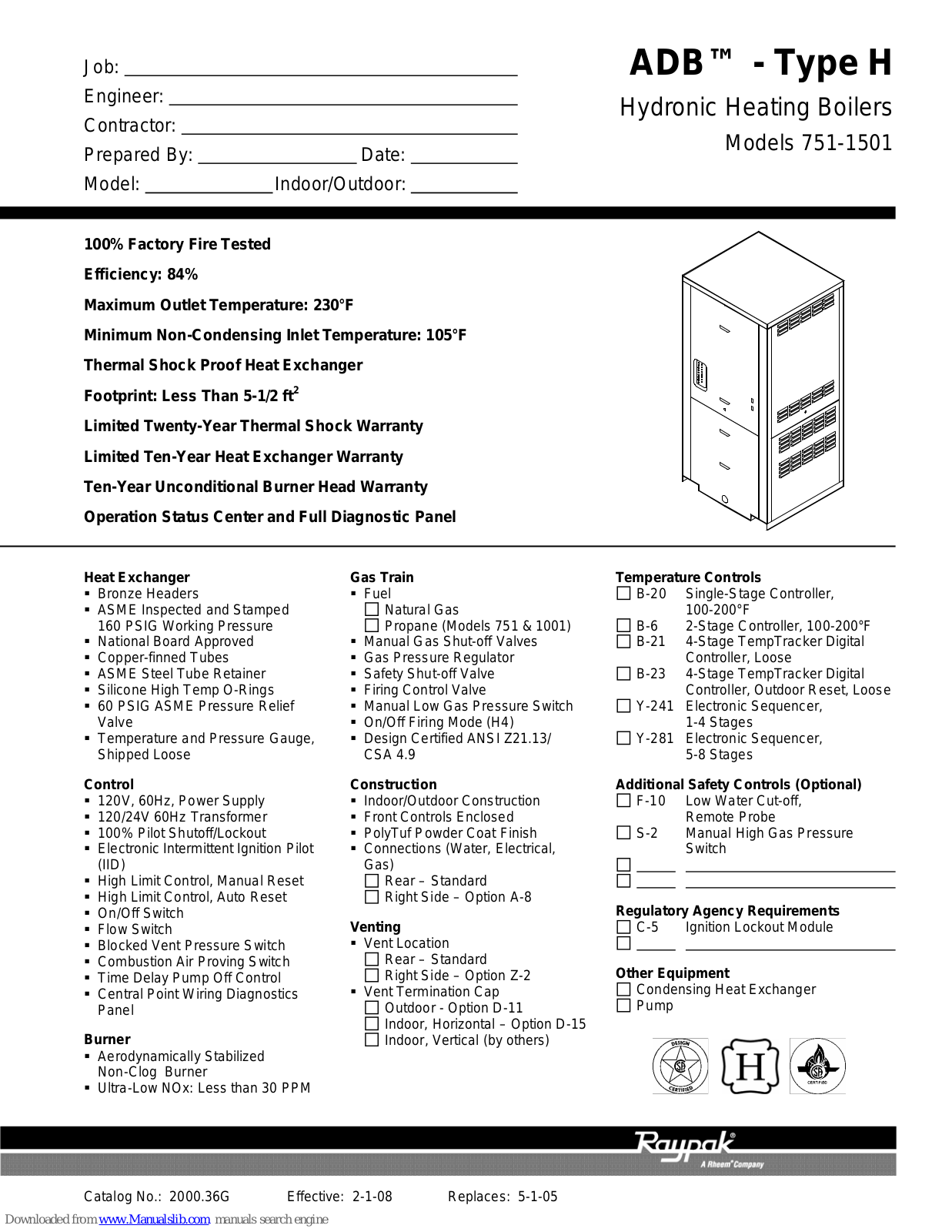 Raypak H 751, H 1001, H 1501 Specifications