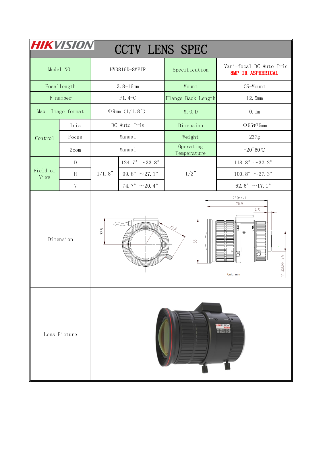 Hikvision HV3816D-8MPIR Specsheet